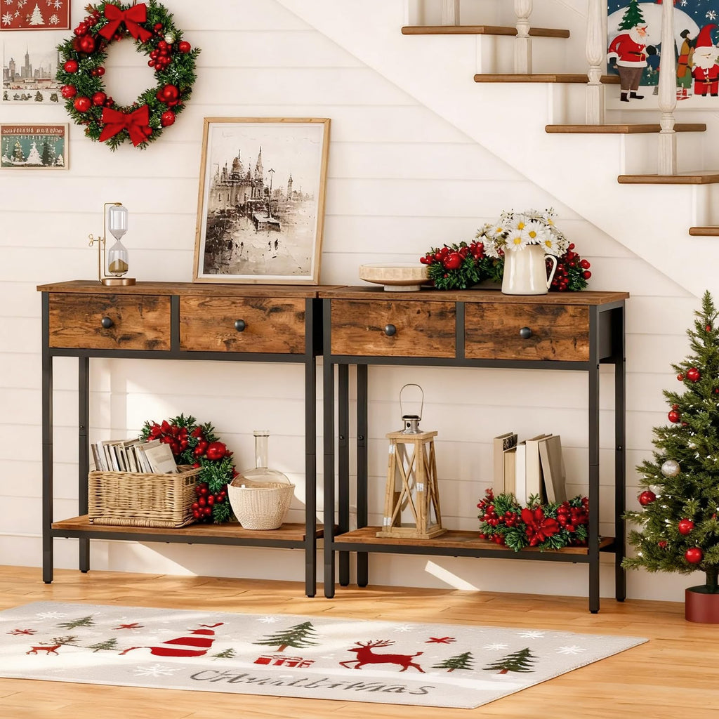 HOOBRO 29.5" Narrow Console Table with 2 Fabric Drawers, Small Entryway Table with 2-Tier Storage Shelves, Sofa Table, Behind Couch Table, for Living Room, Hallway, Black BB71XG01