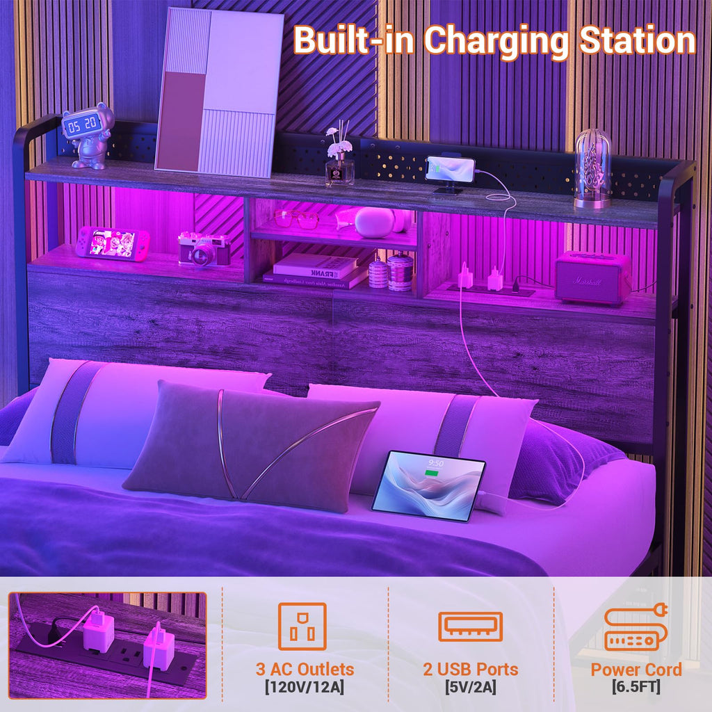 Unikito Headboard for Queen Size Bed with Storage Shelf, Head Board with 3 Outlets and 2 USB Ports, Headboards with RGB LED Light, Height Adjustable, Sturdy and Stable, Easy Assembly, Black