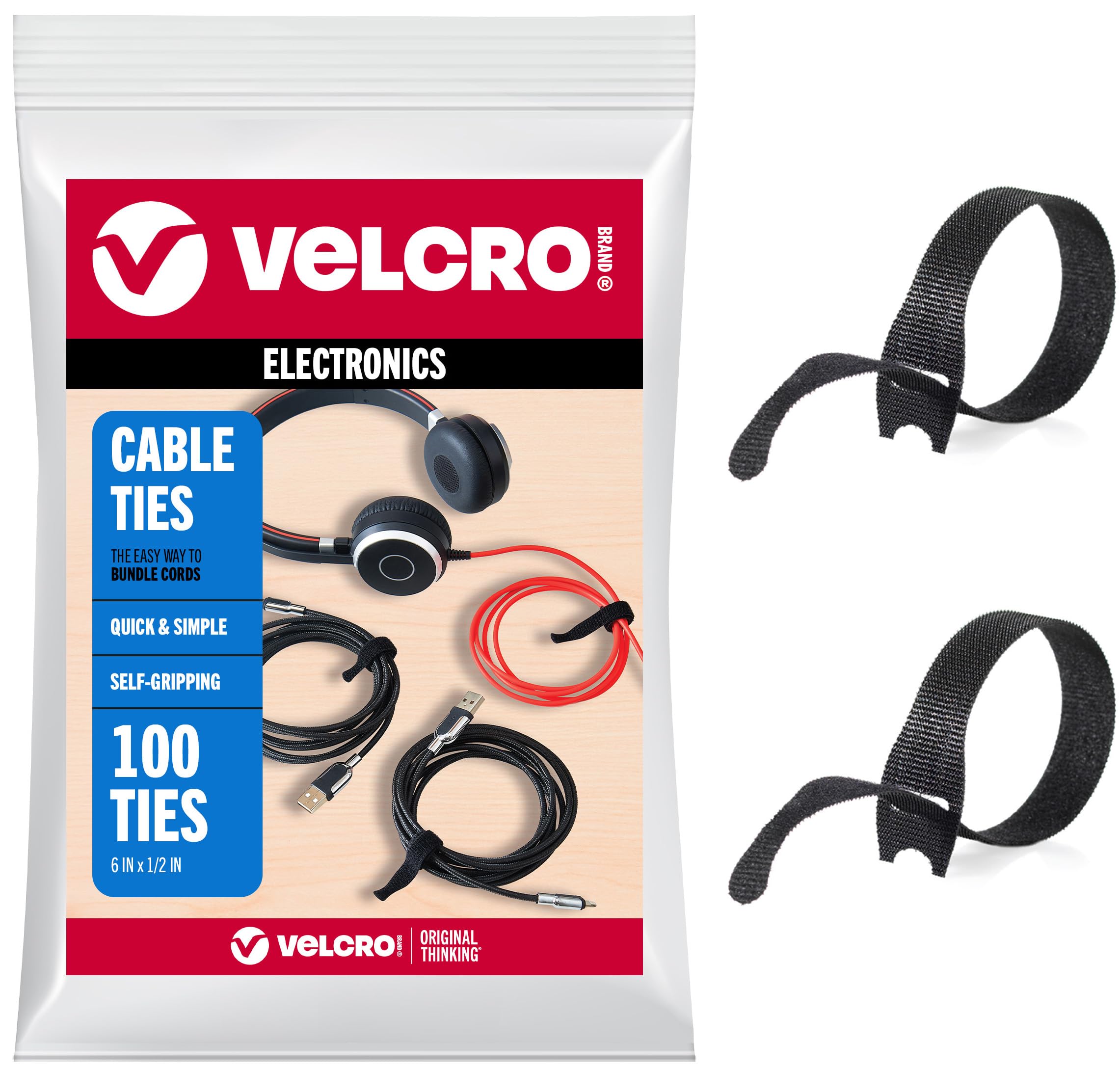 VELCRO Brand Cord Organizer for Desk & Nightstand, 5 Cable Slots with Sleeve Routing, Adhesive Wire Holder for Cord Management, Home, Workshop, Gaming & Office Essentials, Black 2 Pack