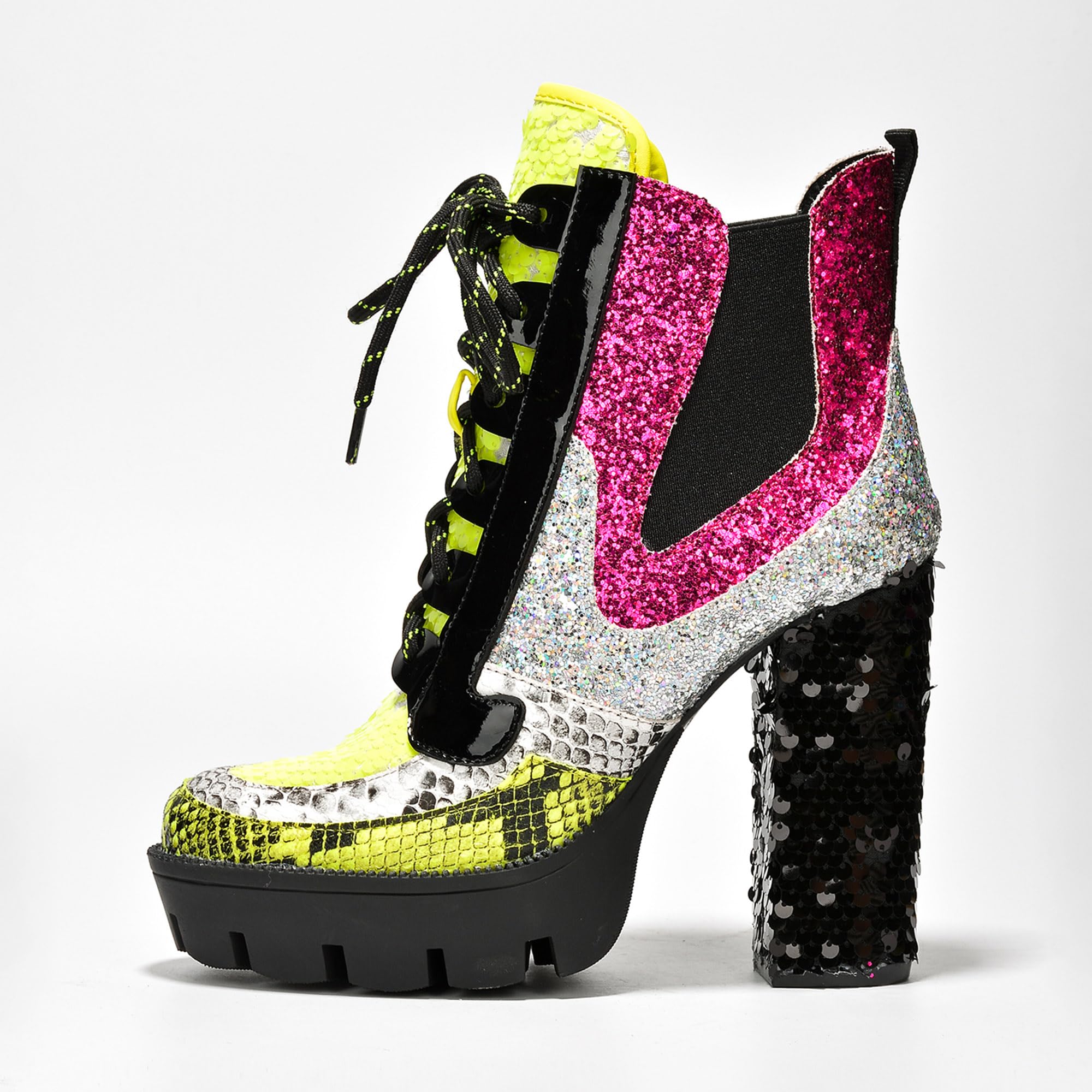 Cape Robbin Nell Heeled Boots for Women Sparkly Sequin Platform Chelsea Boots Women - Chunky Block Heels with Sequined Tongue and Heel - Stylish Glitter Ankle Boots for Women