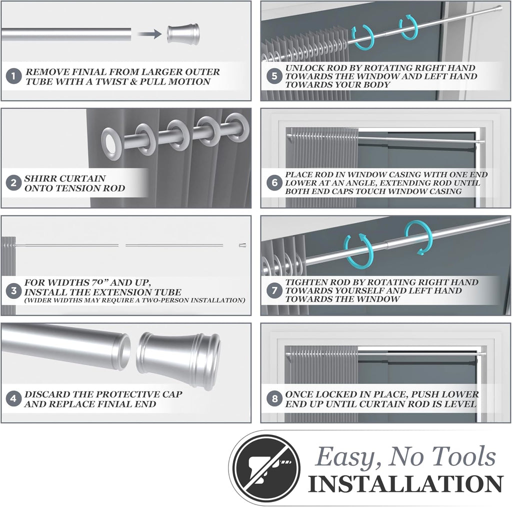 Kenney – Rogers Twist & Fit Tension Window Curtain Rod, No Tools Installation, 5/8" Diameter, Adjustable 48–84", White