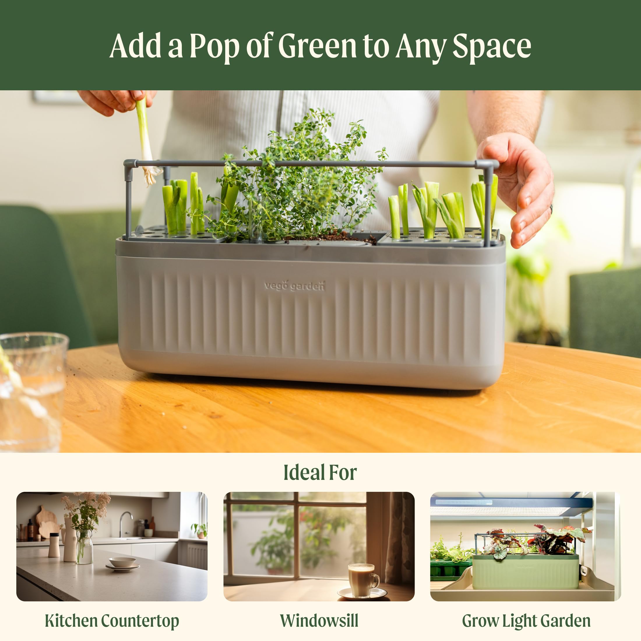 Vego Garden Herb Indoor Plant Box, Self Watering Planters Pots for Indoor Plants with Trellis for Kitchen Window Sill or Countertop Plants Cage - Fog Gray
