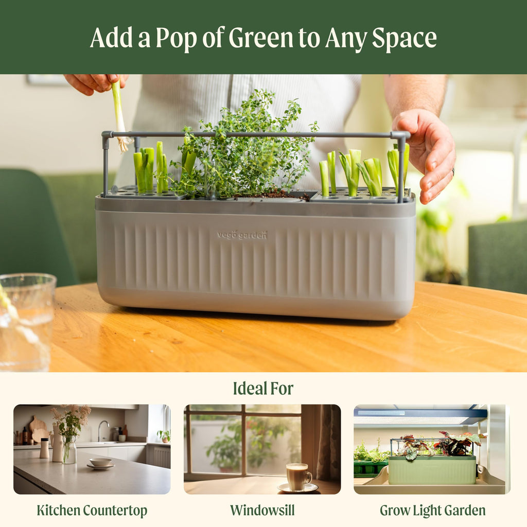 Vego Garden Herb Indoor Plant Box, Self Watering Planters Pots for Indoor Plants with Trellis for Kitchen Window Sill or Countertop Plants Cage - Fog Gray