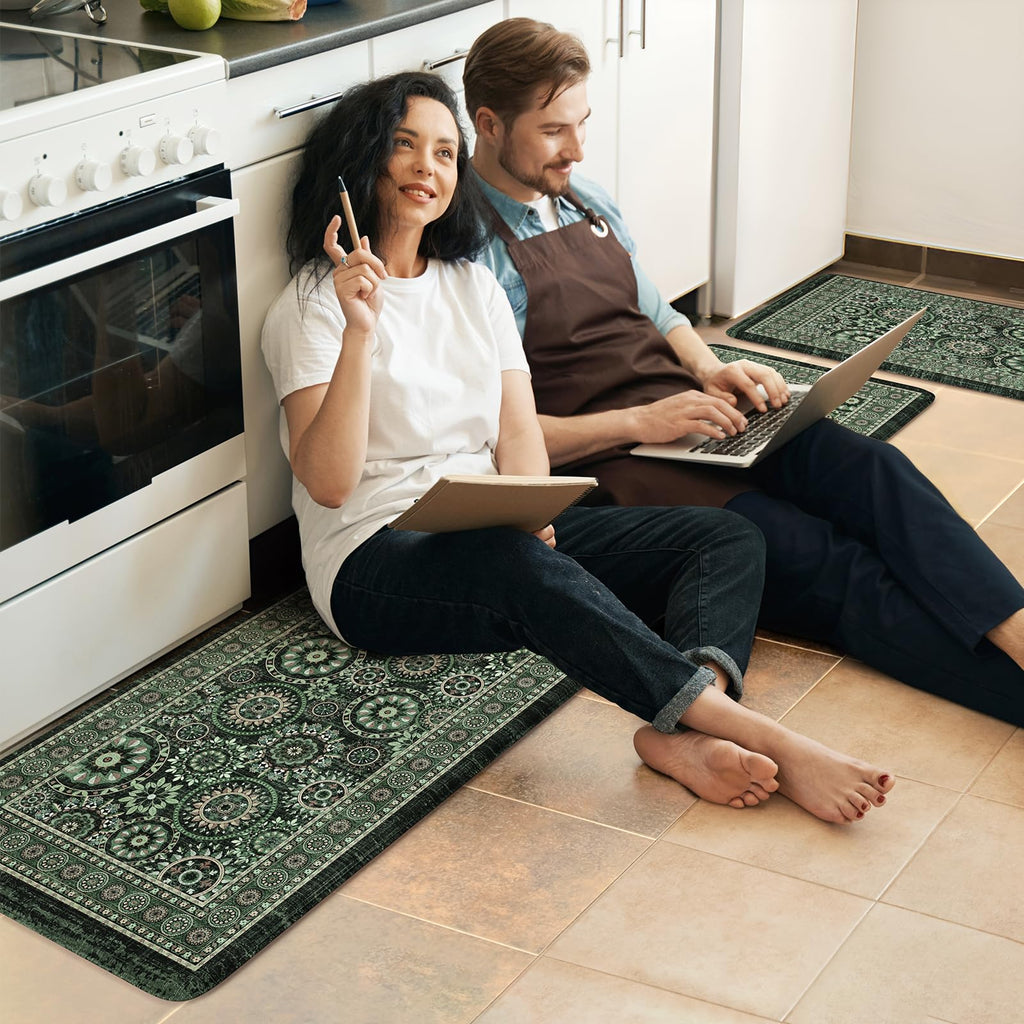 KIMODE Anti Fatigue Kitchen Mats 17"x47"+17"x29", Farmhouse Kitchen Rugs Sets of 2, Cushioned Non Skid Kitchen Mats for Floor, Comfort Kitchen Floor Mats for Sink Laundry Desk Black