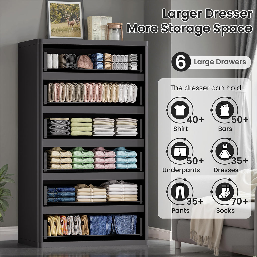 Standifurno Black 56" Tall Dresser for Bedroom, Fluted Modern 6 Drawers Deep Dressers, Wood Chest of Drawers with Handleless, Curved Profil Storage Closet Dressers for Bedroom, Living Room, Hallway