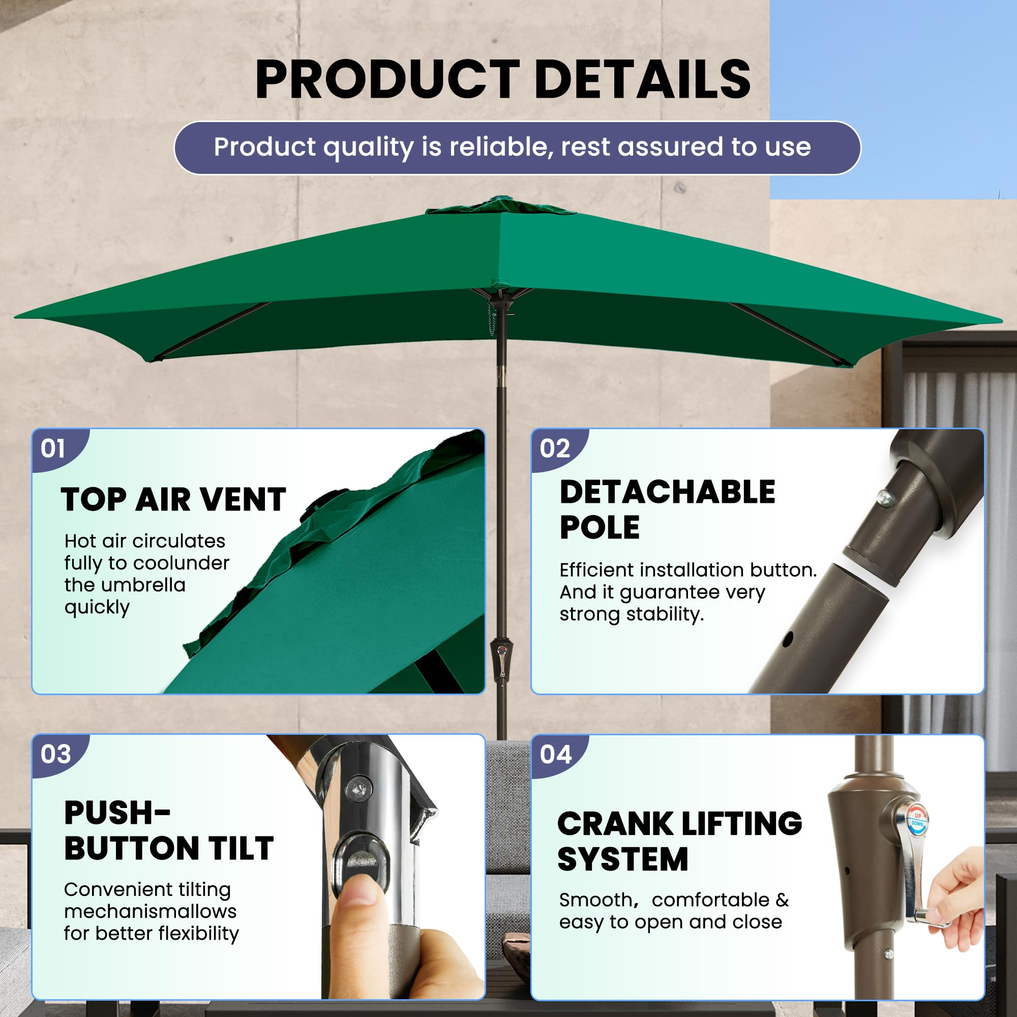 Ayge 6.5x10FT Rectangular Patio Umbrella Outdoor Table Umbrella w/Push Button Tilt & Crank Rectangle Market Umbrella UV Protection for Garden,Deck,Lawn,Yard & Pool,Beige