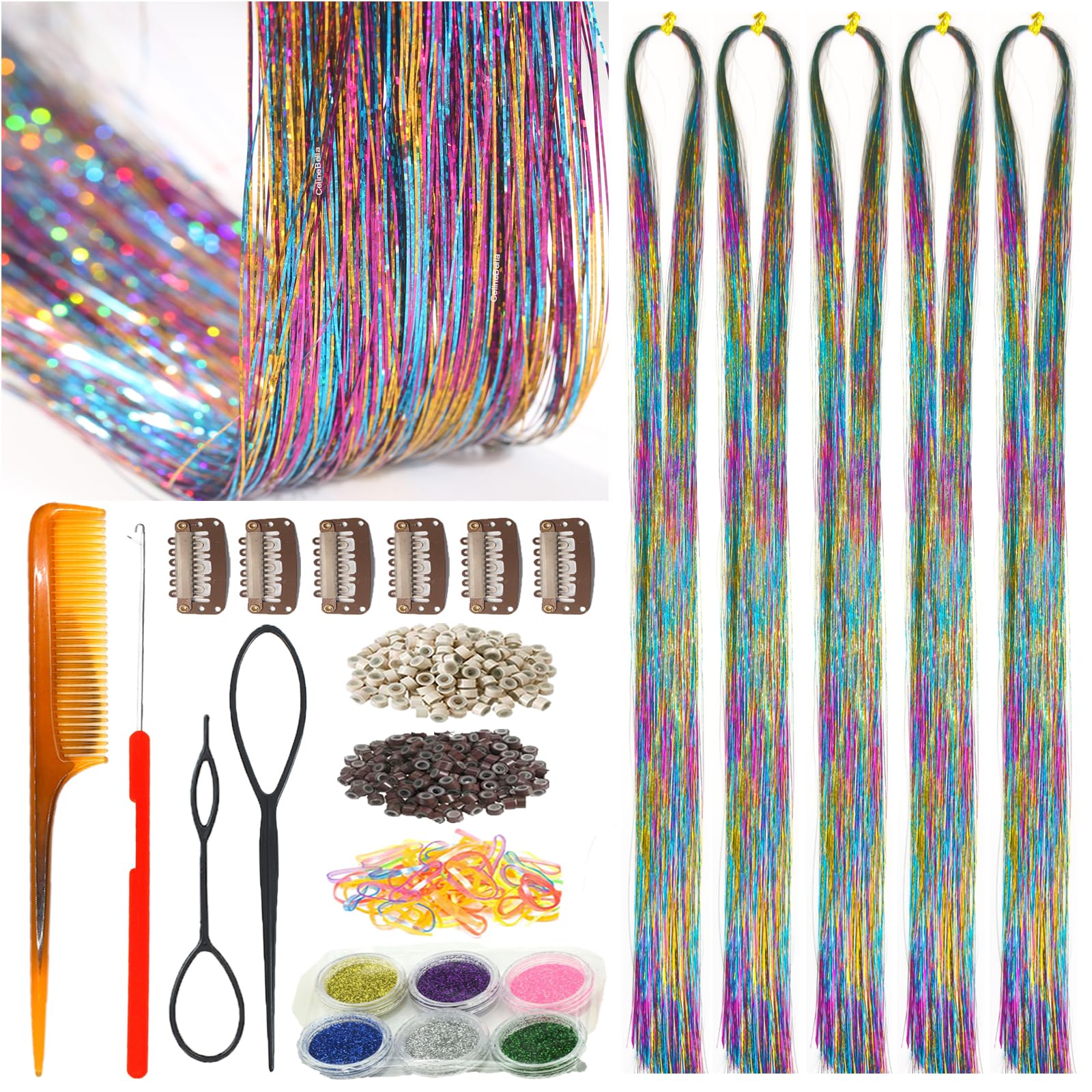 Celinebella Bubblegum Pink Hair Tinsel, 48" 1250 Strands Bright Shimmer | Vibrant hot pink bubblegum tone, youthful energetic, heat resistant, great for prom concerts birthday parties events