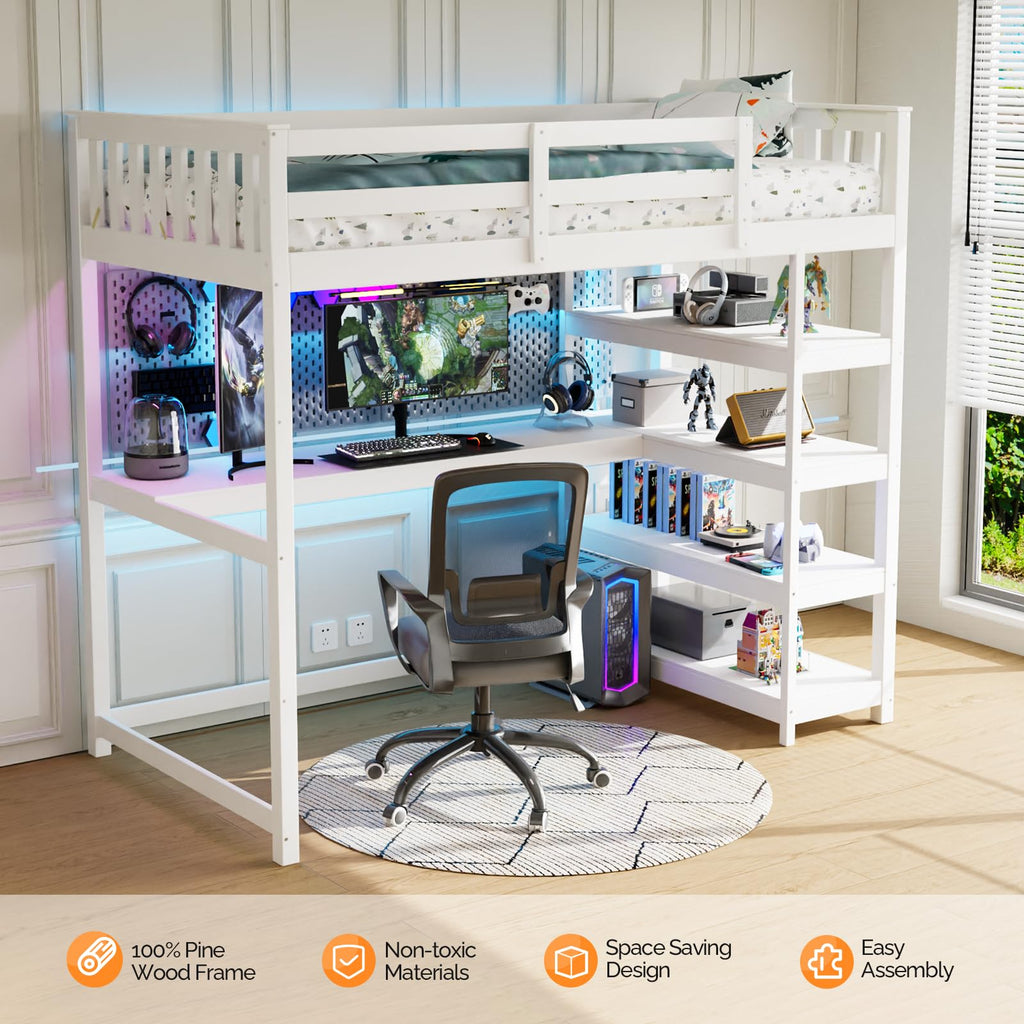 JOYMOR Low Loft Bed Twin Size with LED Lights, 4 Storage Shelves, Removable Curtain, Kids Wood Loft Bed with 15" H Safety Guardrail, Spave Saving, Mattress Not Included (Gray)