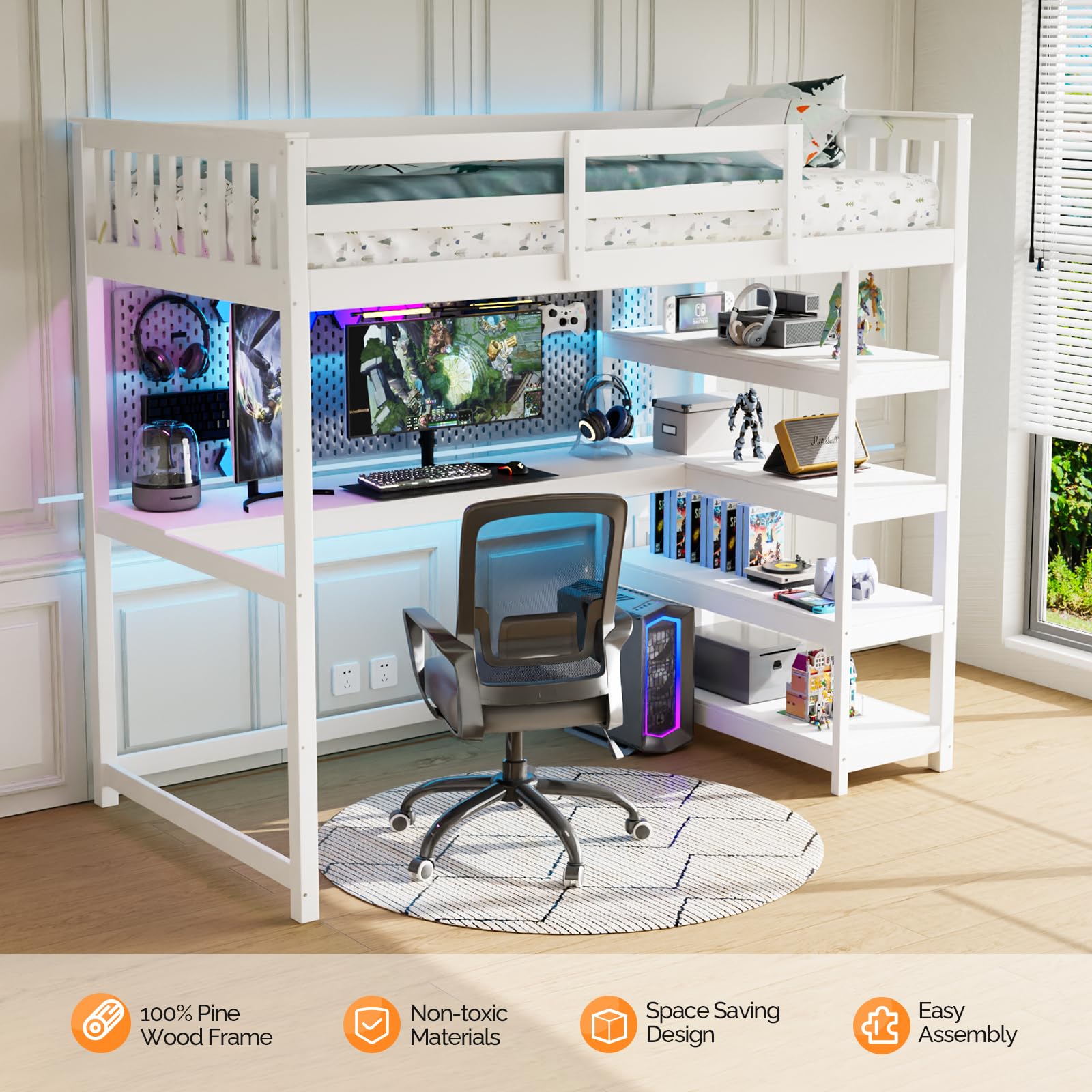 JOYMOR Low Loft Bed Twin Size with LED Lights, 4 Storage Shelves, Removable Curtain, Kids Wood Loft Bed with 15" H Safety Guardrail, Spave Saving, Mattress Not Included (Gray)