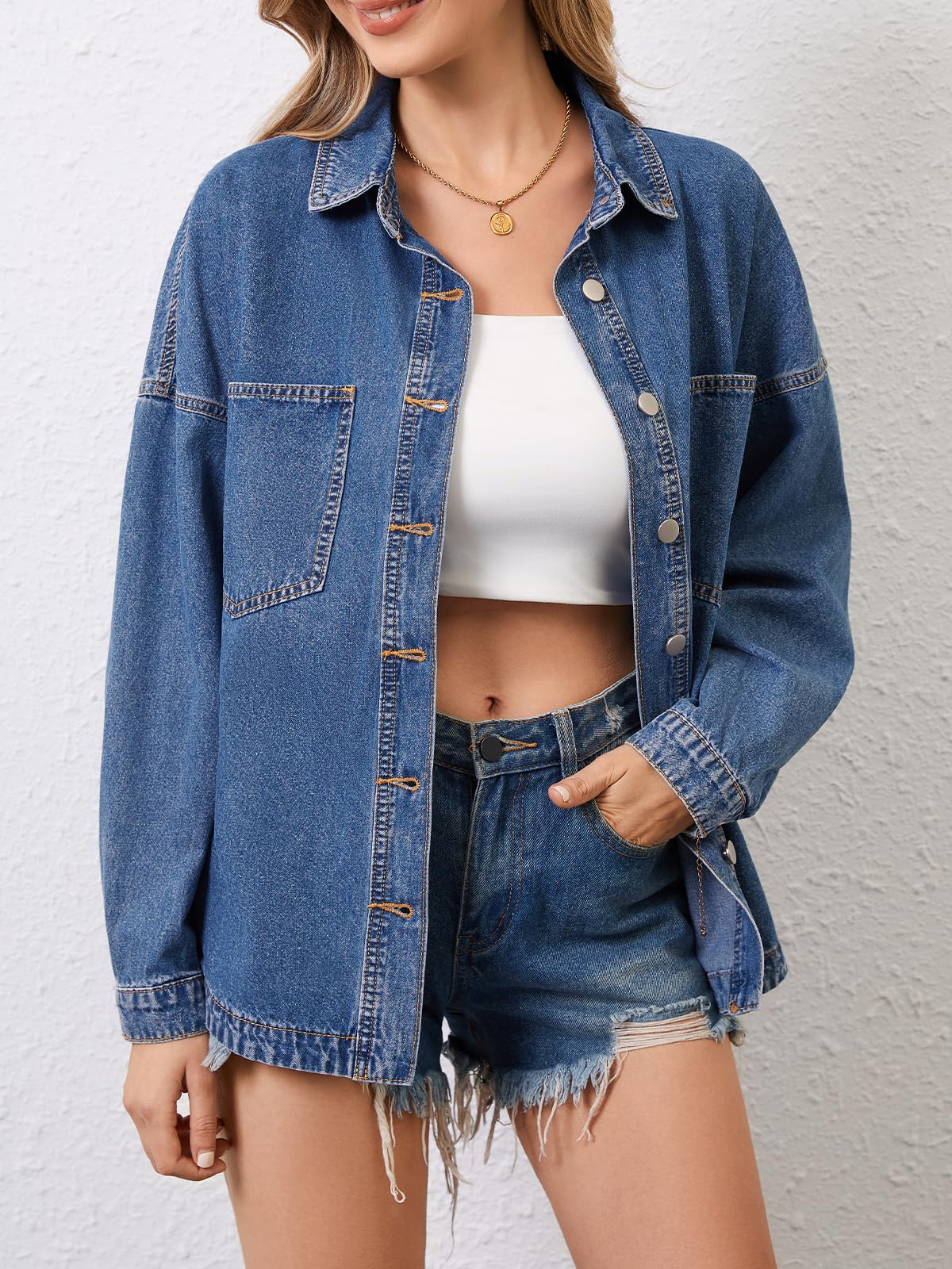 LifeShe Women Denim Shirt Jean Jacket Oversize Button Down Shirt Long Sleeve Jean Tops Trendy Shackets