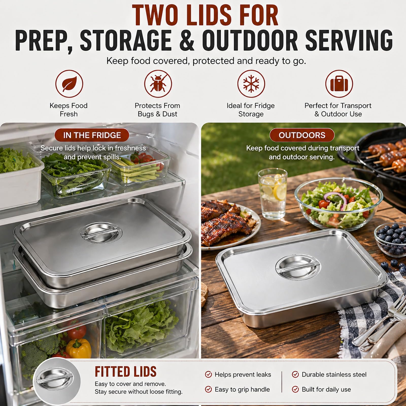 Grill Prep & Serve Tray Set with Lids, 5-Piece Food Prep System for Marinating, Carrying & Serving, Stainless Steel BBQ Trays for Raw & Cooked Food Separation (Rack Included)