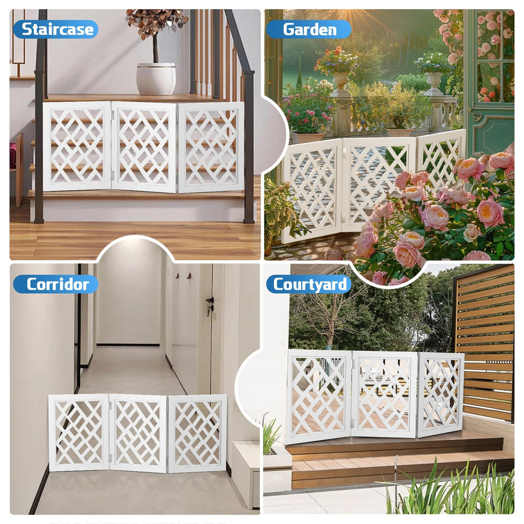 Cut-Out Design 16" Short Dog Gate for Small Dogs, Foldable Retractable Puppy Gate Indoor - Freestanding Lightweight Pet Barrier for Doorways, Stairs, Hallways (Extends to 35", White)