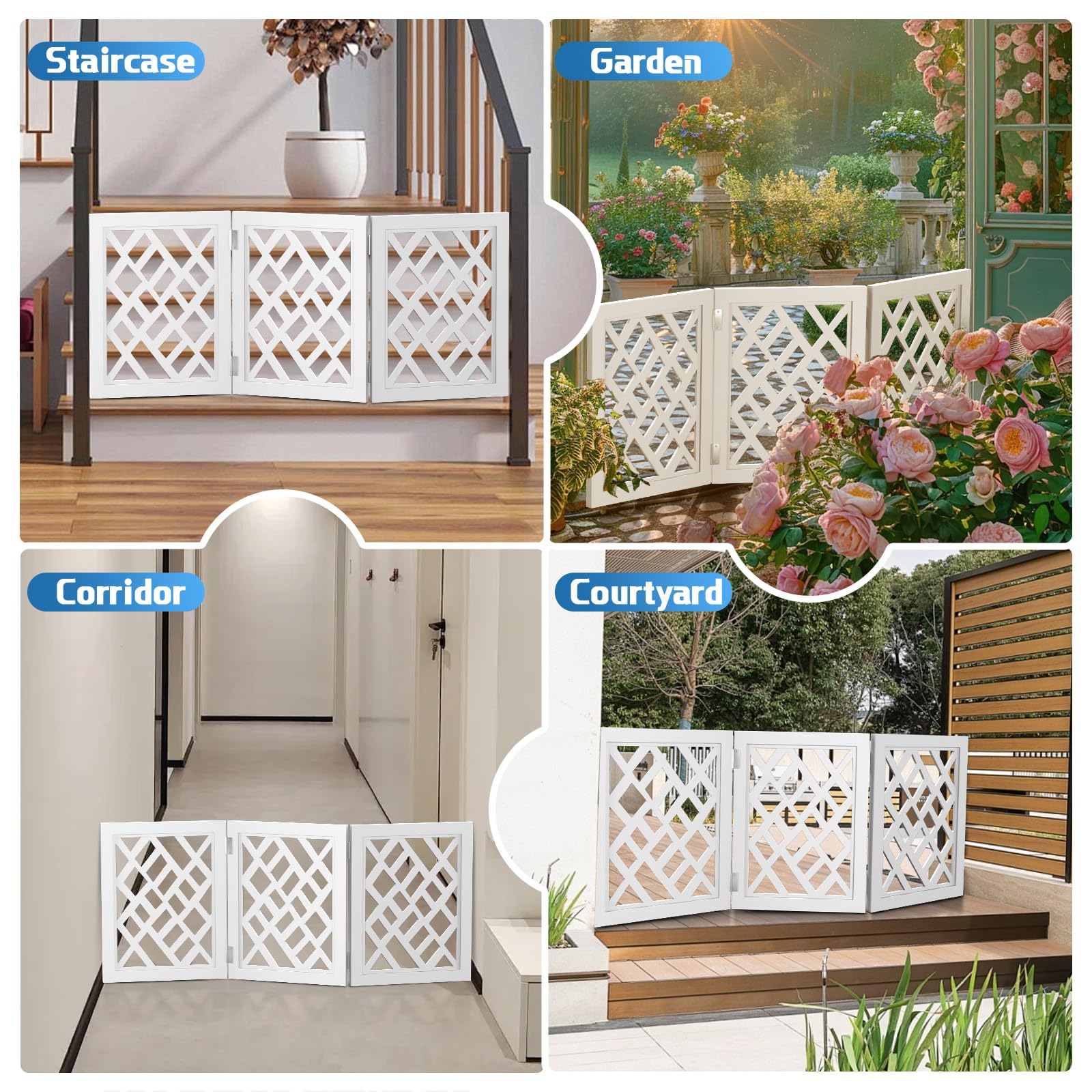 Cut-Out Design 16" Short Dog Gate for Small Dogs, Foldable Retractable Puppy Gate Indoor - Freestanding Lightweight Pet Barrier for Doorways, Stairs, Hallways (Extends to 35", White)