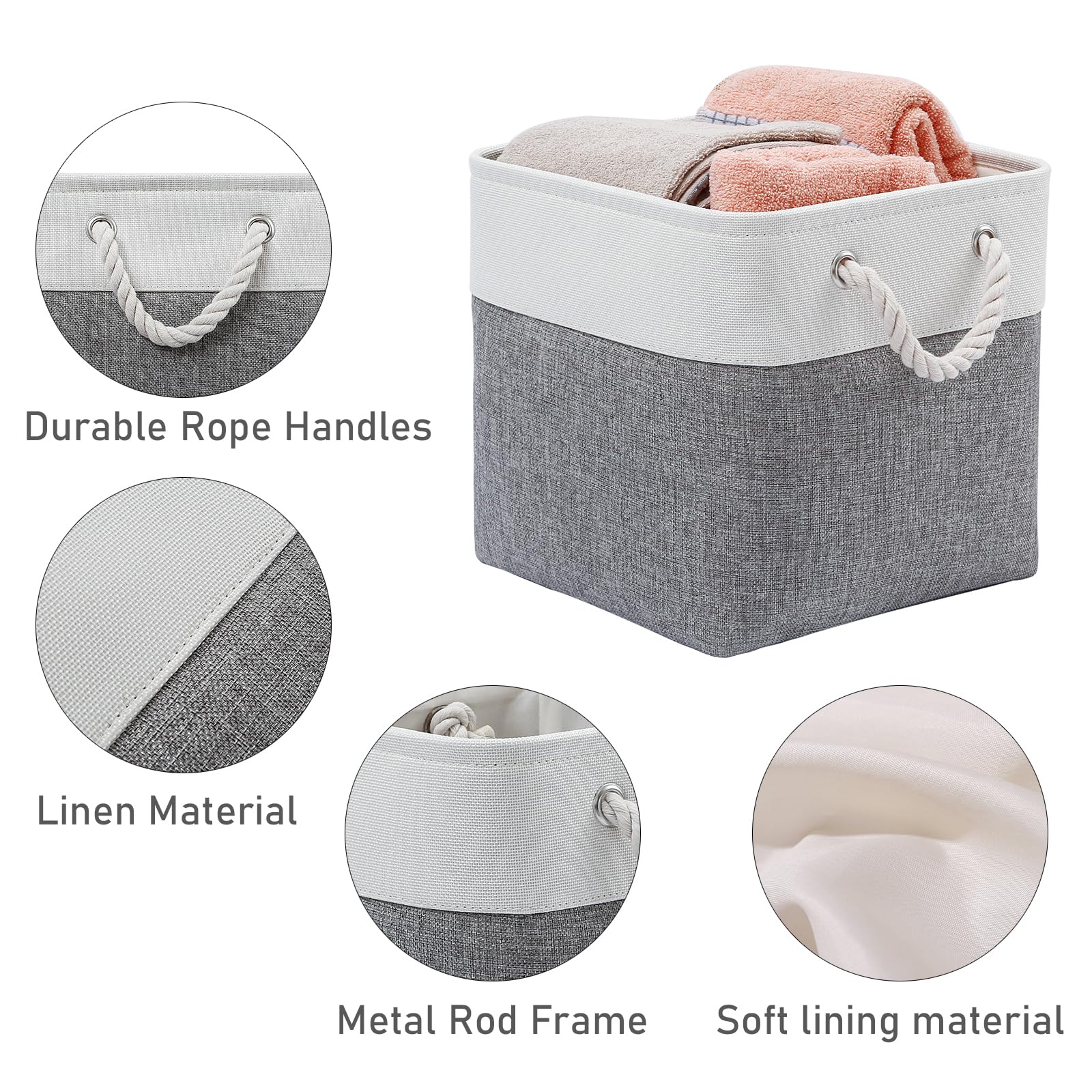 MidmmVick 13 x 13 Inch Cube Storage Bins, 6 Pack Extra Large Collapsible Fabric Storage Bin with Ropes, Foldable Storage Cubes for Home (White & Beige-13"x13"x13")