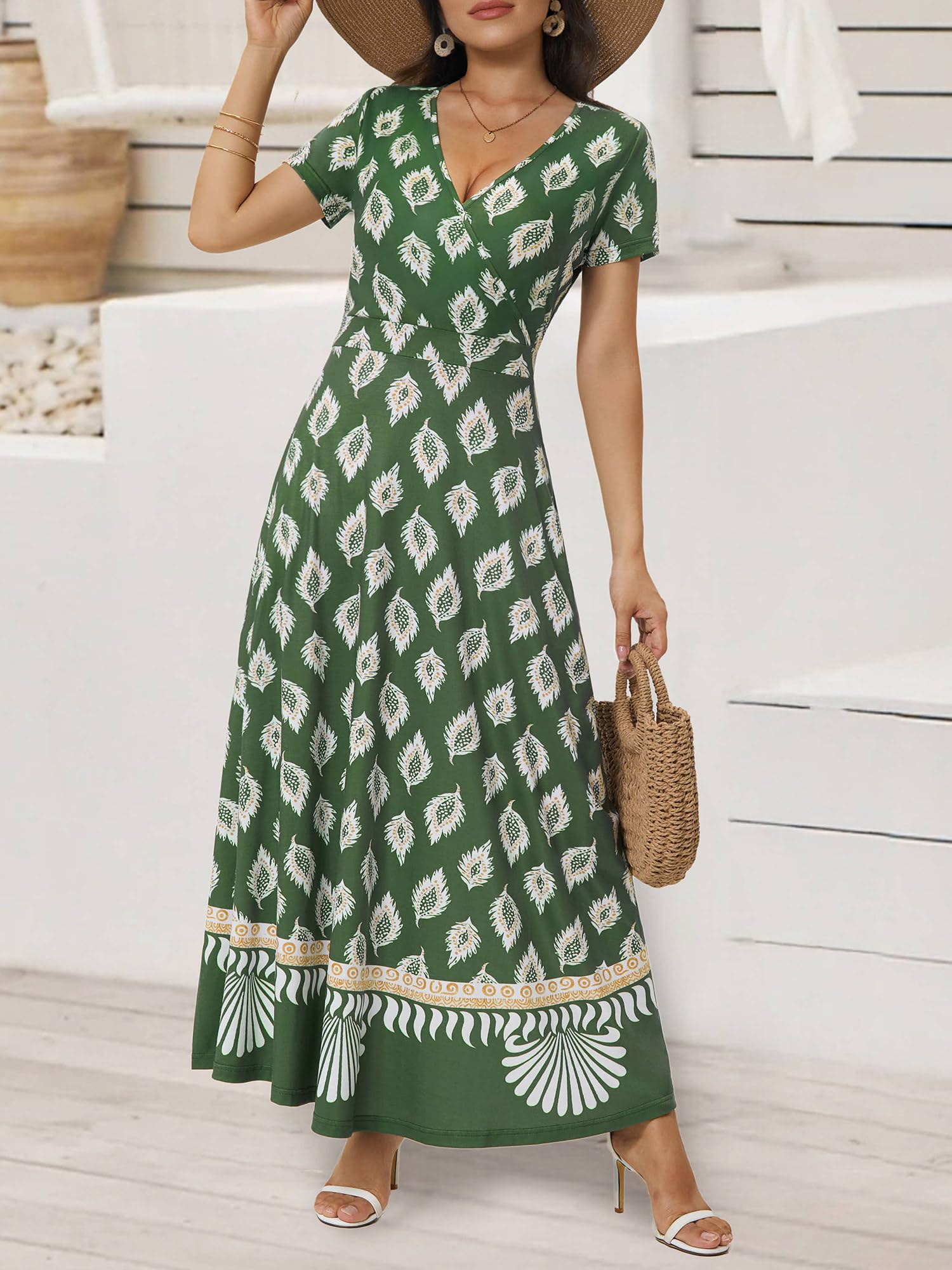 HUHOT Women's Short Sleeve Wrap V Neck Dresses for Wedding Guest Summer Floral Maxi Sundresses with Pockets Boho Dress