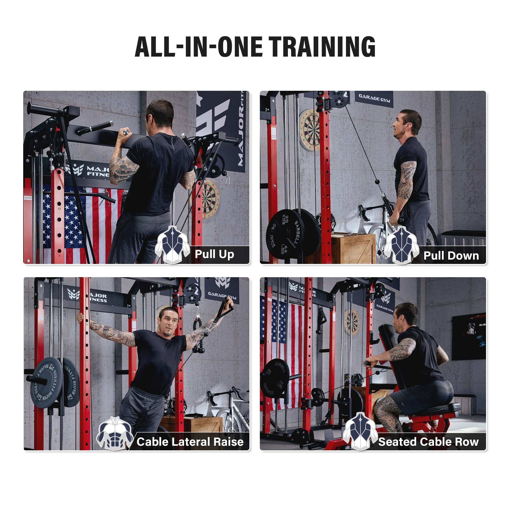 MAJOR FITNESS F22 Power Rack, 1600lbs All-in-One Squat Rack with Dual Pulley System, Heavy-Duty Steel Frame, Attachments & Storage for Home Gym Strength Training