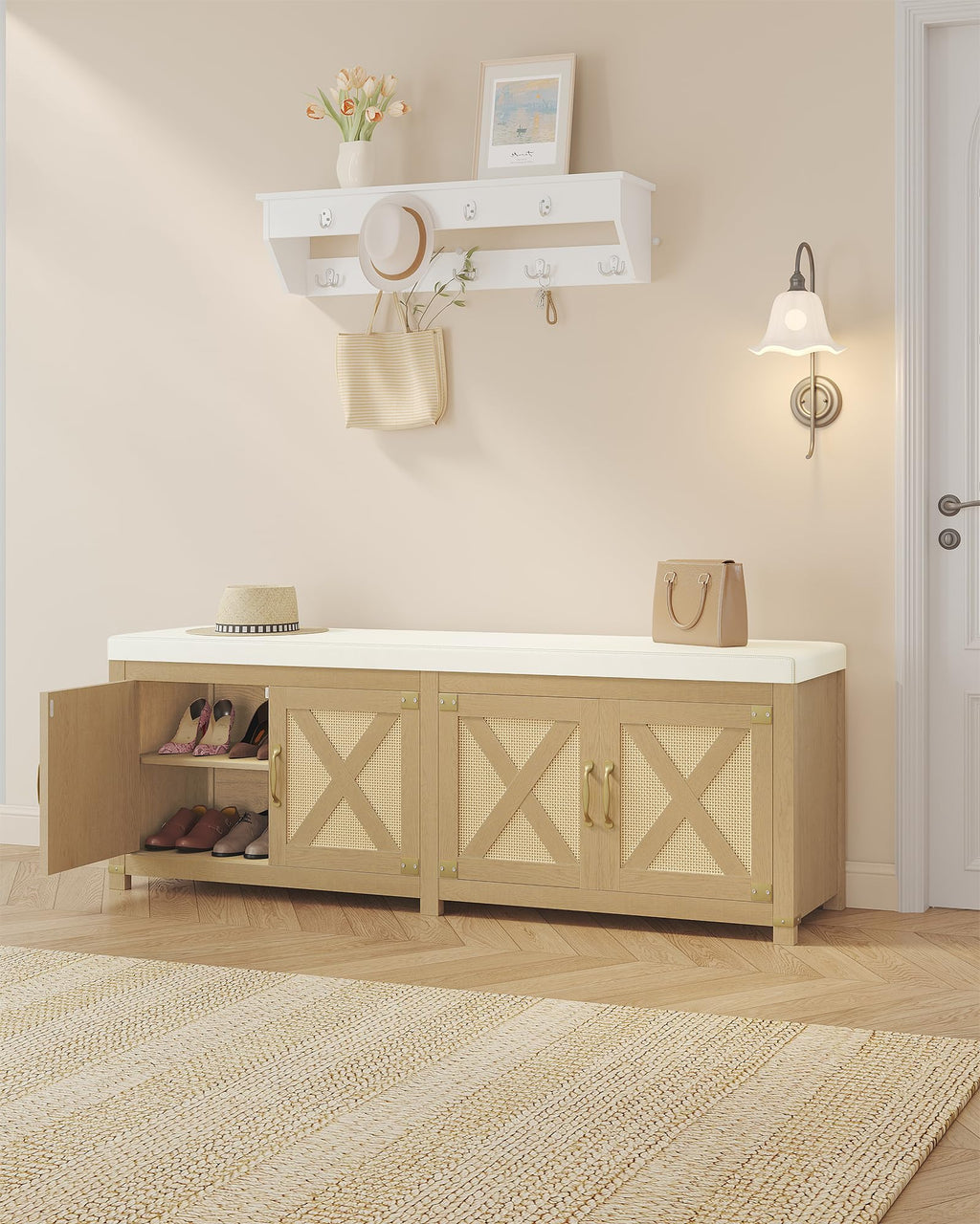 Hzuaneri Shoe Storage Bench, 2 Tier Shoe Bench with Padded Seat Cushion & 2 Barn Doors, Entryway Bench with Adjustable Shelf, Farmhouse Shoe Cabinet for Living Room, Bedroom, Antique White SB26214KA