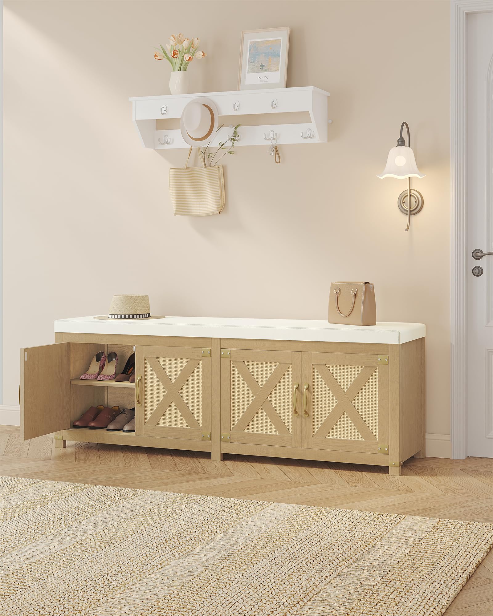 Hzuaneri Shoe Storage Bench, 2 Tier Shoe Bench with Padded Seat Cushion & 2 Barn Doors, Entryway Bench with Adjustable Shelf, Farmhouse Shoe Cabinet for Living Room, Bedroom, Antique White SB26214KA