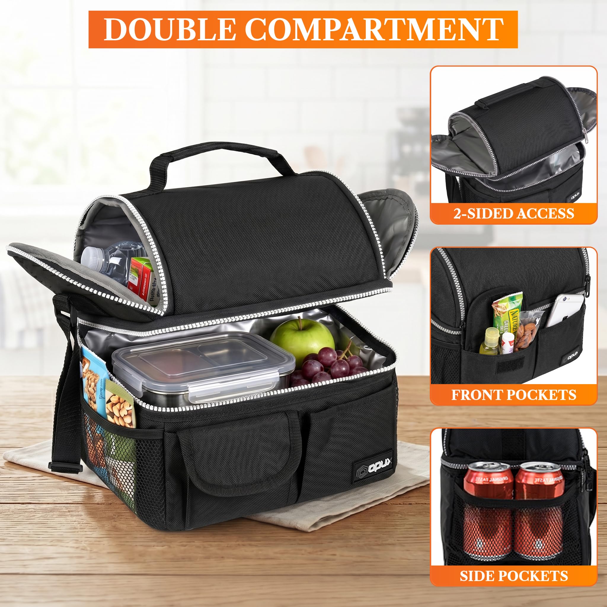 opux Insulated Lunch Bag Women Men, Dual Compartment Leakproof Lunch Box Adults Kids, Double Decker Meal Prep Bento Lunch Cooler Tote with Shoulder Strap for Work Office School Travel, Black