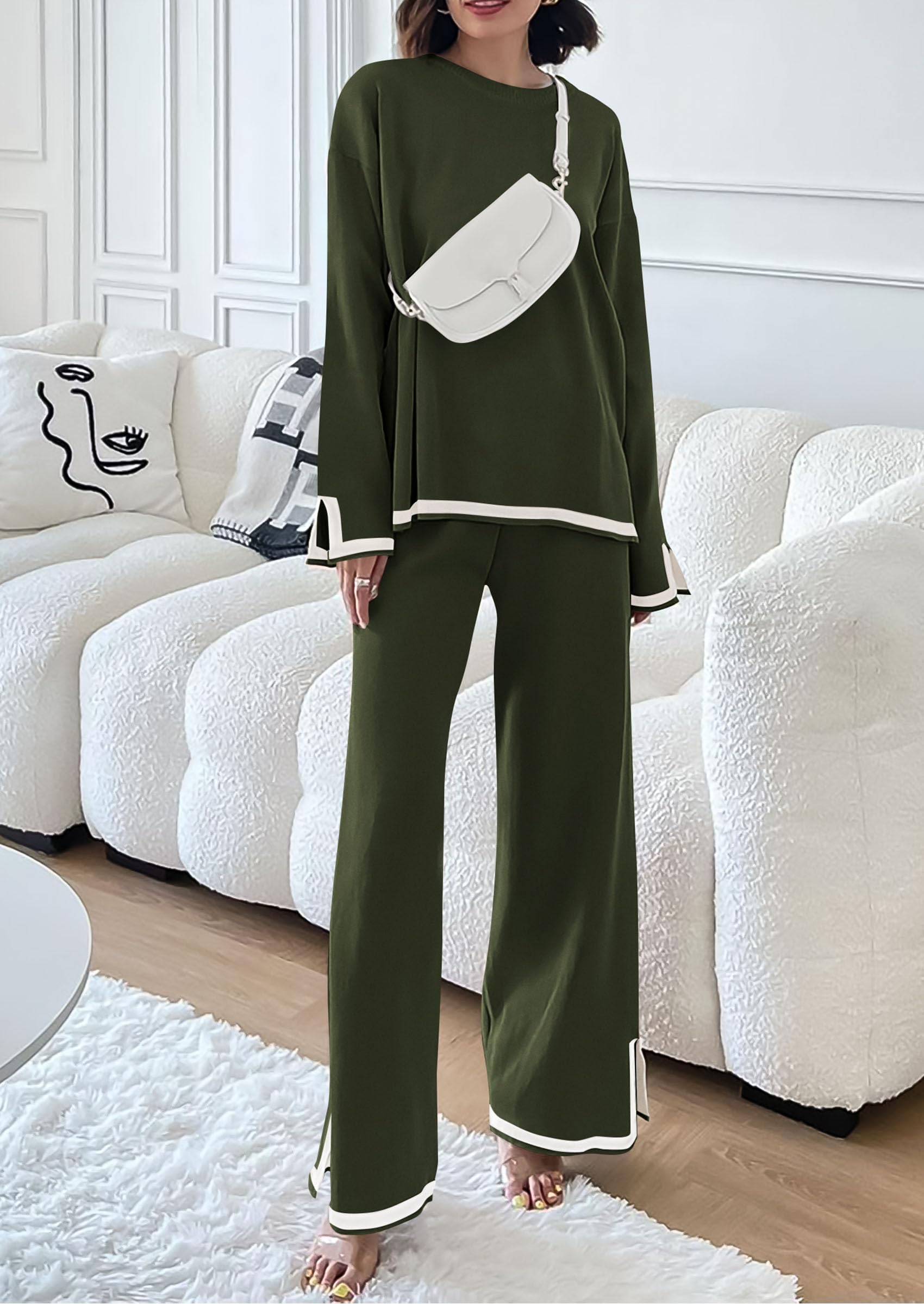 PRETTYGARDEN Women's 2 Piece Knit Sweater Set Travel Outfits | Long Sleeve Tops, Wide Leg Pants, Soft Matching Sweat Track Suits, Casual Fall Winter Clothes for Brunch, Going Out & Cruise