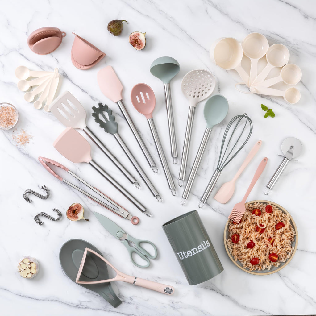 COOK WITH COLOR Silicone Cooking Utensils, Kitchen Utensil Set, Easy to Clean Silicone Kitchen Utensils, Cooking Utensils for Nonstick Cookware, Kitchen Gadgets Set with Holder, 10 Pieces
