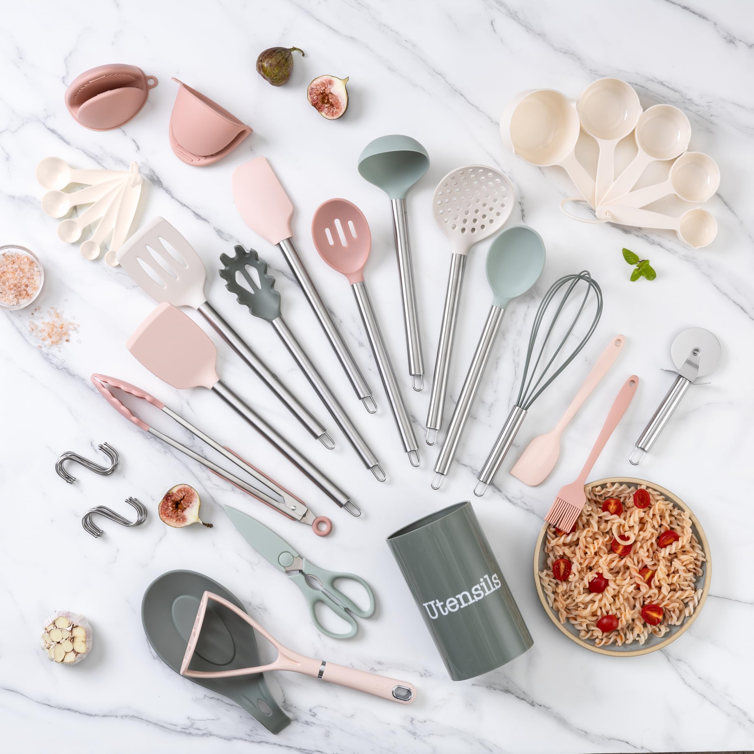 COOK WITH COLOR Silicone Cooking Utensils, Kitchen Utensil Set, Easy to Clean Silicone Kitchen Utensils, Cooking Utensils for Nonstick Cookware, Kitchen Gadgets Set with Holder, 10 Pieces