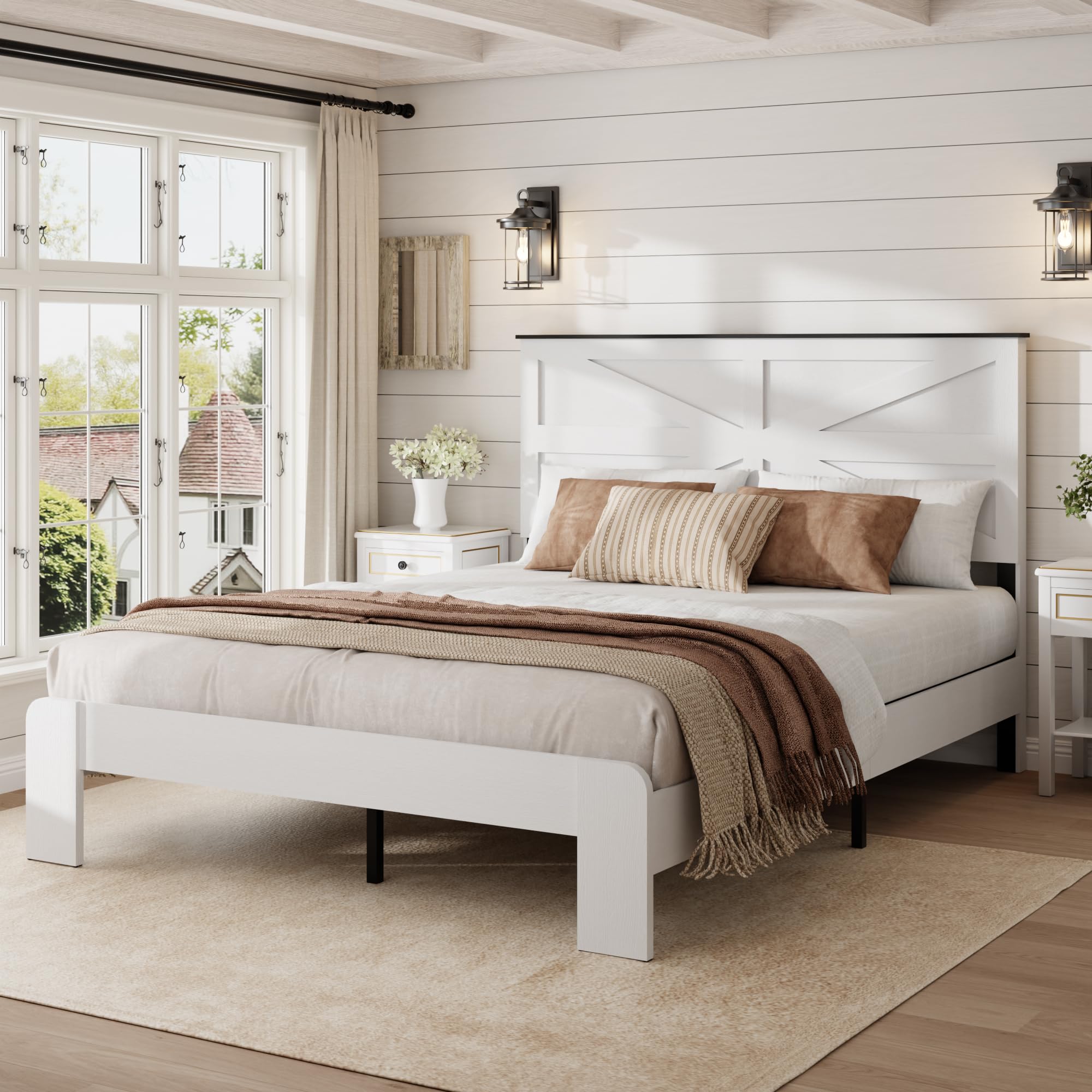 Wooden Bed Frame Full Size with Headboard, Farmhouse Platform Bedframe with Wood Slat Support, Sturdy Framework Bed Frame, Easy Assembly (Rustic Black)