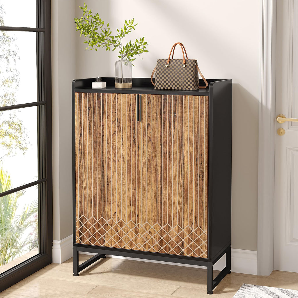 Tribesigns Modern Shoe Cabinet for Entryway, 25 Pairs Shoe Cabinet with Doors, Wood 5-Tier Shoe Organizer, Freestanding Brown Shoe Storage Cabinets with Black Metal Frame for Bedroom Living Room