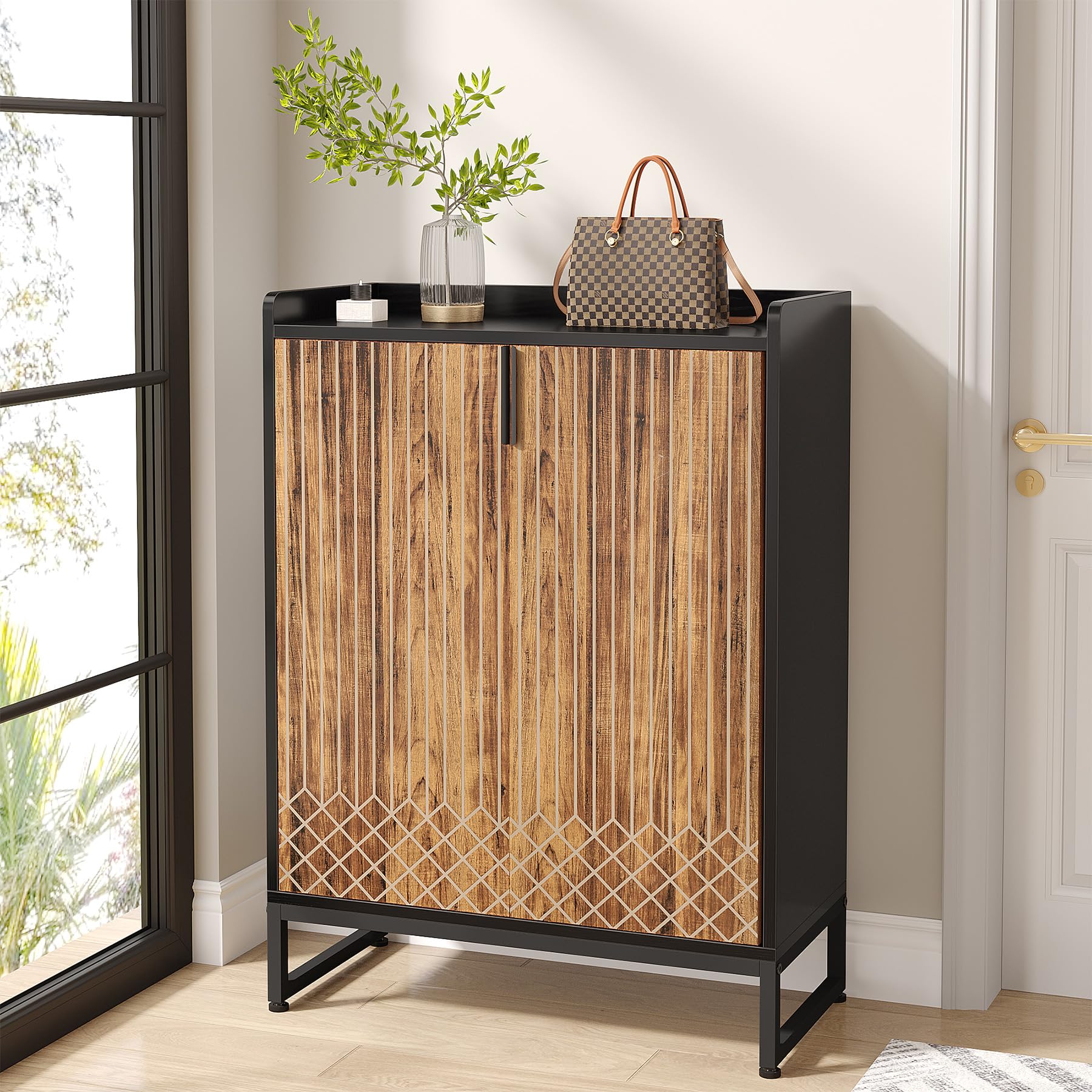Tribesigns Modern Shoe Cabinet for Entryway, 25 Pairs Shoe Cabinet with Doors, Wood 5-Tier Shoe Organizer, Freestanding Brown Shoe Storage Cabinets with Black Metal Frame for Bedroom Living Room