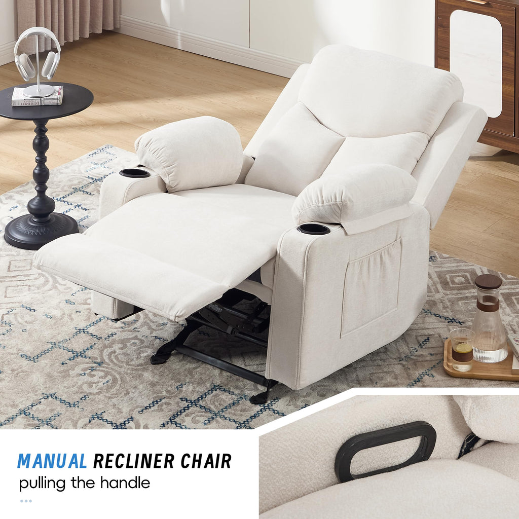 Manual Rocker Recliner Chair for Adults with Massage, Overstuffed Glider Rocking Chair with Cup Holders and Pockets for Living Room, Reclining Sofa Chair for Bedroom Nursery,Beige