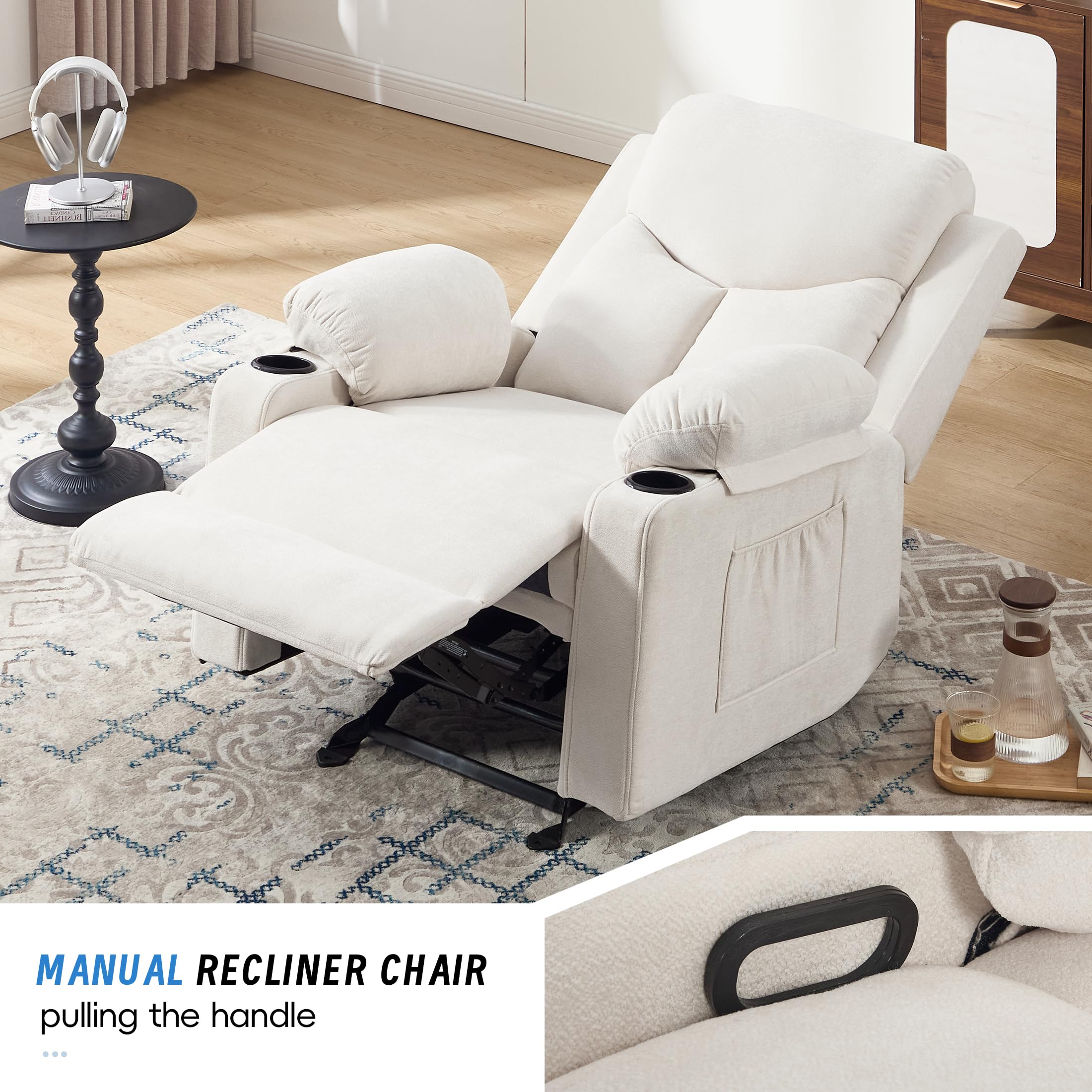 Manual Rocker Recliner Chair for Adults with Massage, Overstuffed Glider Rocking Chair with Cup Holders and Pockets for Living Room, Reclining Sofa Chair for Bedroom Nursery,Beige
