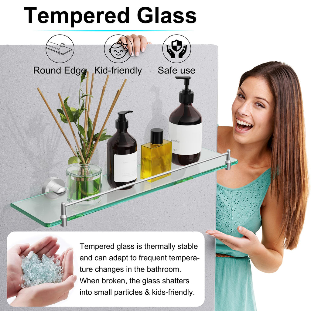 Glass Bathroom Shelves,Brushed Gold Floating Shelves for Wall Rectangular Modern Stainless Steel Glass Shelf for Bathroom Shelves wall Mounted 16 Inch