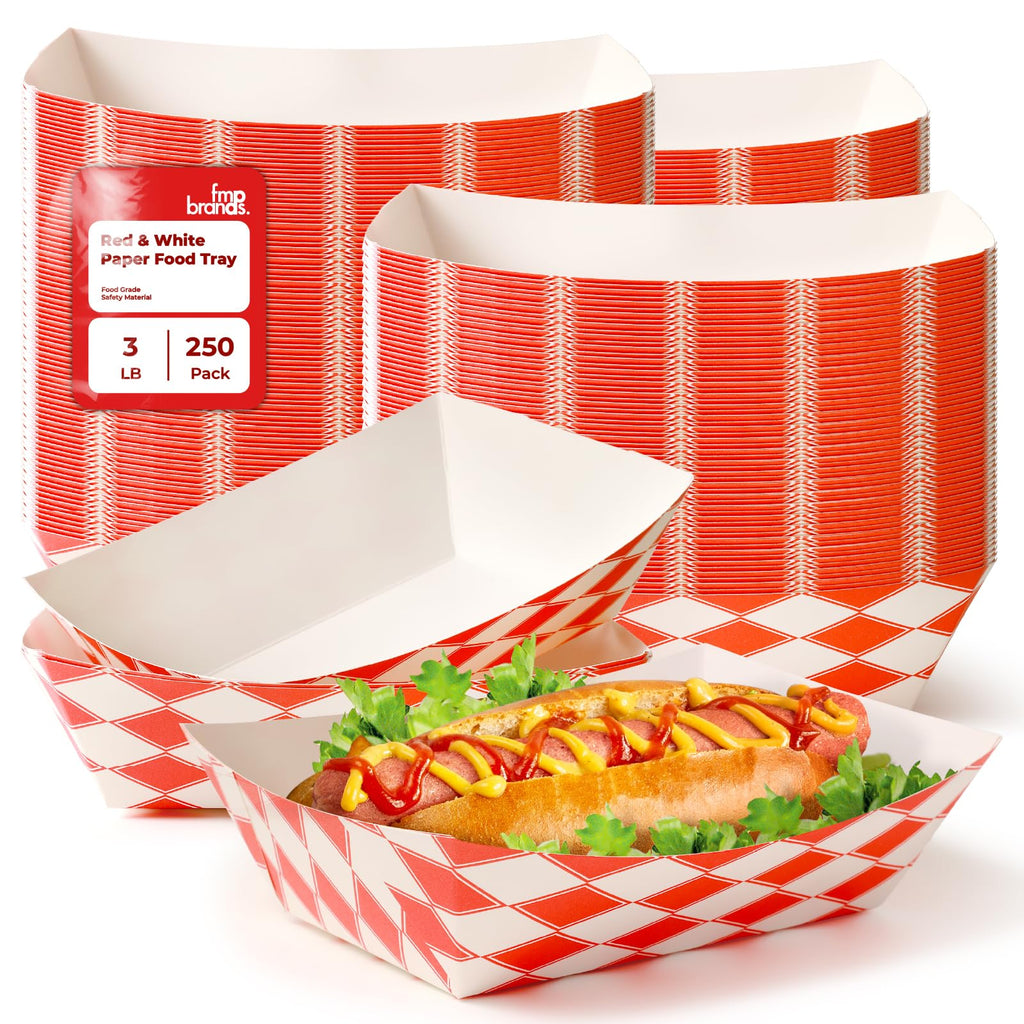 Fit Meal Prep [250 Pack 0.25 lb Paper Food Boats Heavy Duty Disposable Food Trays, Red Check Nacho Tray for Parties Fairs Picnics Carnivals, Holds Ketchup Cheese Sauce Pickles