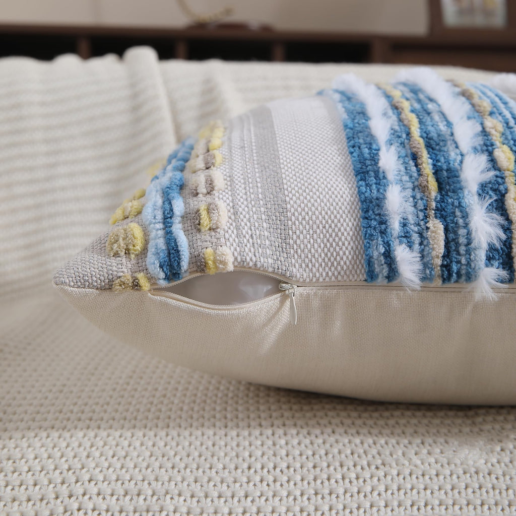 Boho Pillow Covers 18x18 Set of 2 for Couch-Modern Farmhouse Sofa Decorative Throw Pillow Covers Textured Chenille Cushion Covers Outdoor Netural Bohemian Pillow Cases Square