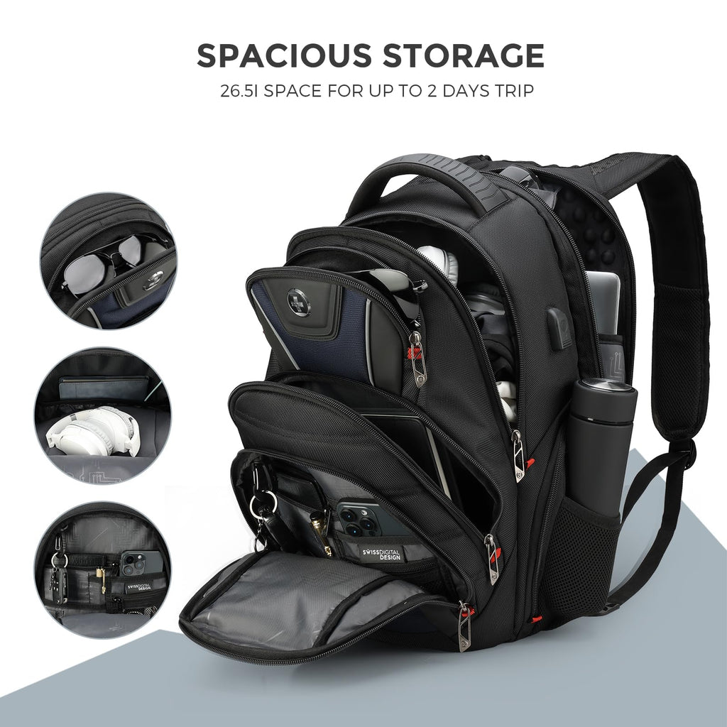 Swissdigital Design Travel Backpack for Women or Men, TSA Friendly USB Charging RFID Protection Business Carry on Bag Fits 15.6" Laptop Backpack Black | J14-BR
