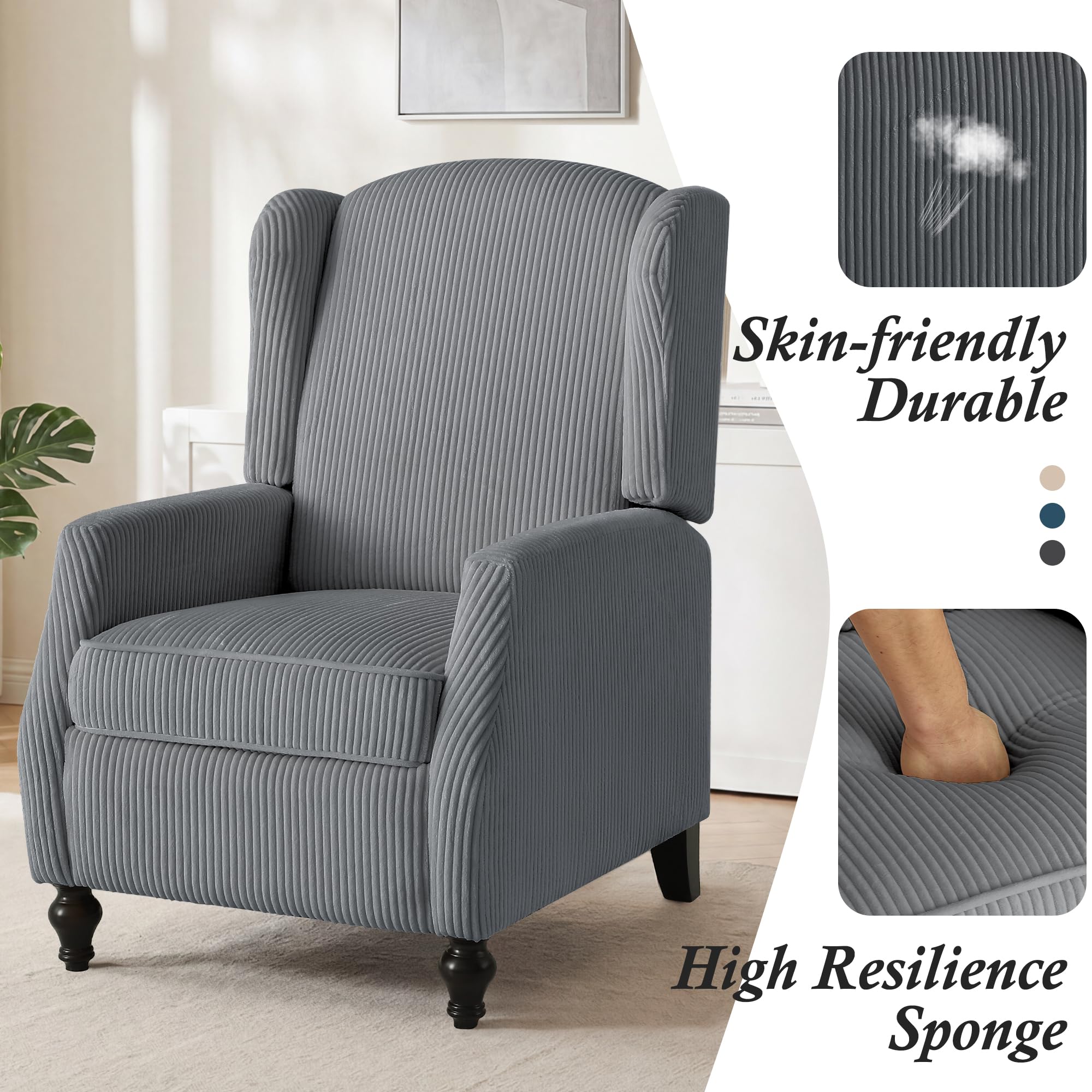 Wingback Chair with Massage and Heat, Tufted Fabric Pushback Recliner Chair, Wingback Recliner Chair with Remote Control, Padded Cushion, Wooden Legs, Small Recliners for Small Spaces