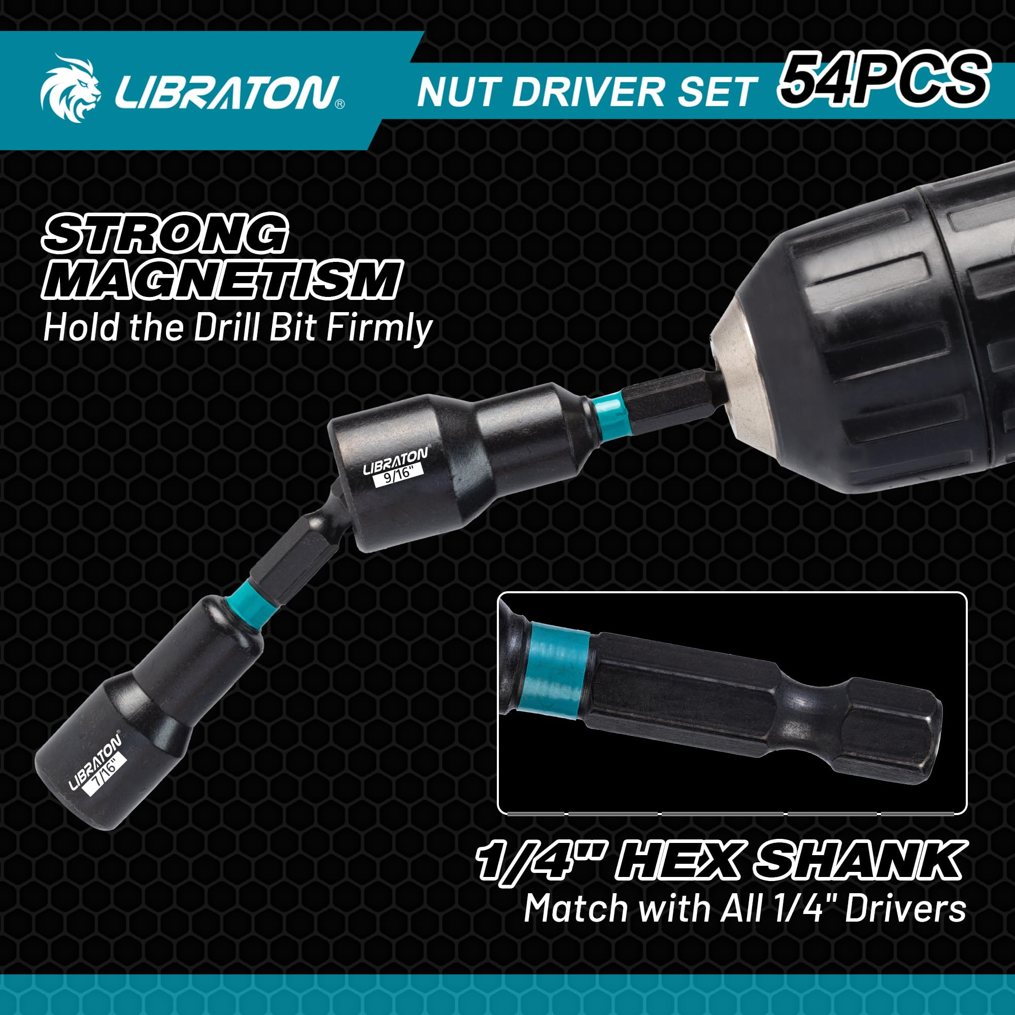 LIBRATON 24PCS Magnetic Nut Driver Set, Impact Drill Driver Bit Set 1/4", Metric and SAE Nut Drivers for Impact Drill, Impact Socket Adapters, Screwdriver Bits, Bit Holder, with Black Phosphating