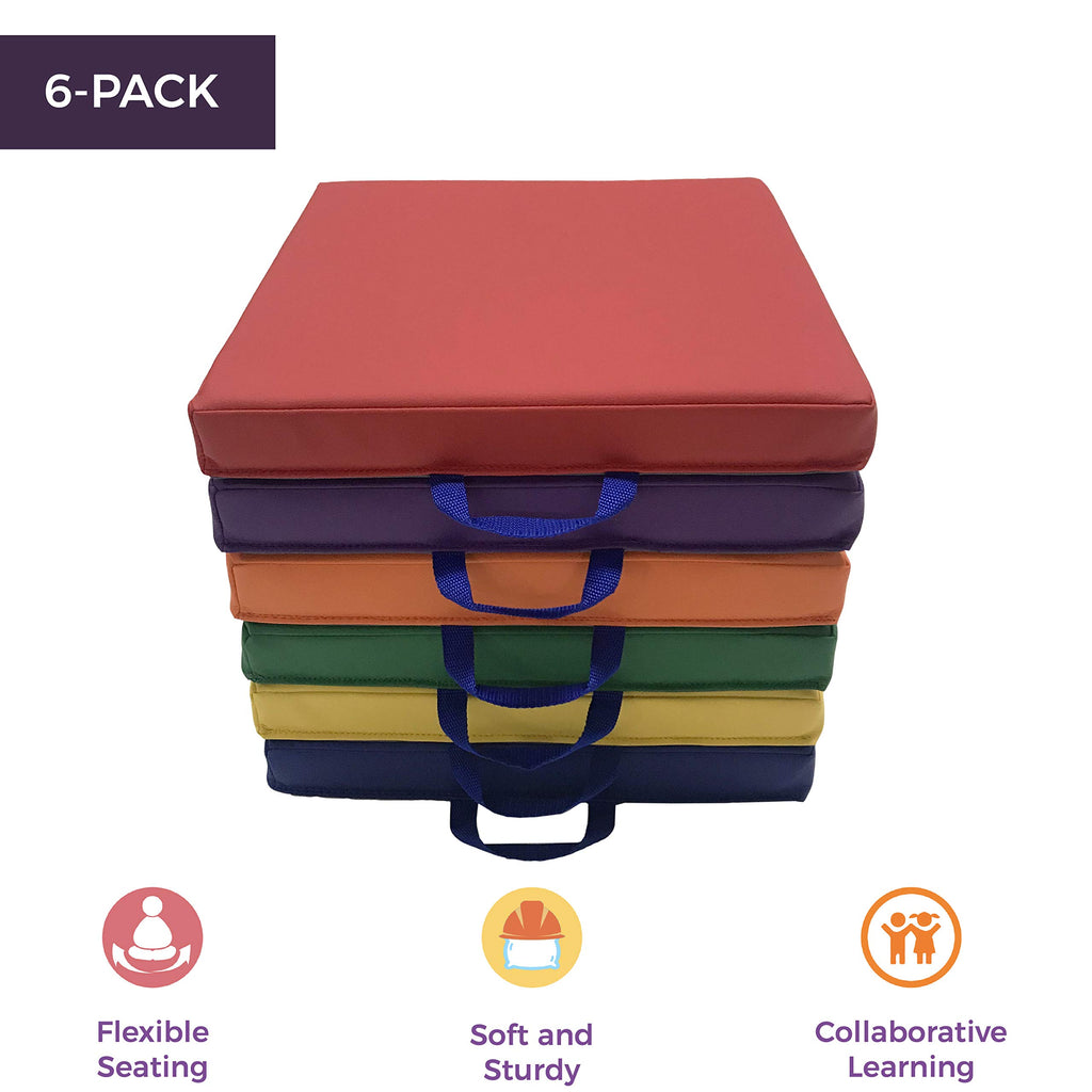 Factory Direct Partners SoftScape 15 inch Square Classroom Floor Cushions with Handles; Flexible Seating for Daycare, Preschool, Playroom; 2 inch Thick Deluxe Foam (6-Piece) - Assorted, 12228-AS