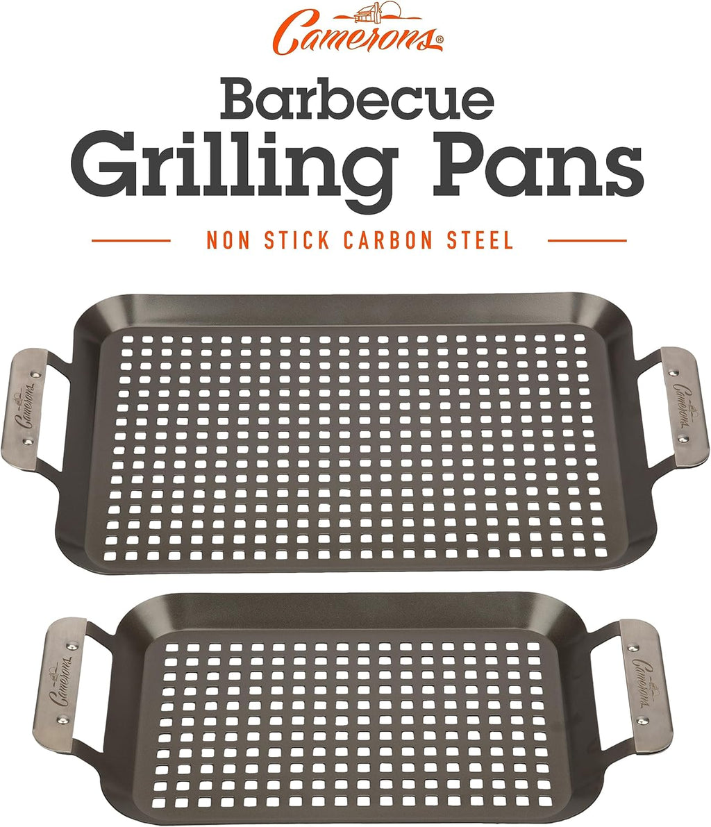 Camerons BBQ Grill Topper Grilling Pans (Set of 2)- Non-Stick Barbecue Trays w Stainless Steel Handles - Indoor Outdoor use for Barbecue & Smoked Meat, Vegetables & Seafood- Grill Gift for Fathers Day