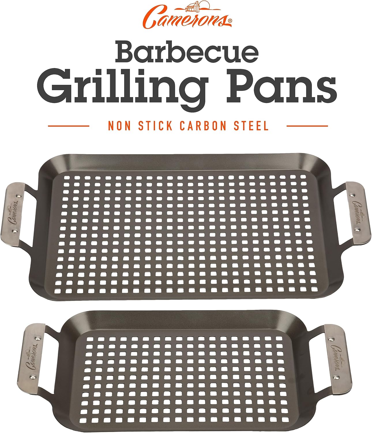Camerons BBQ Grill Topper Grilling Pans (Set of 2)- Non-Stick Barbecue Trays w Stainless Steel Handles - Indoor Outdoor use for Barbecue & Smoked Meat, Vegetables & Seafood- Grill Gift for Fathers Day