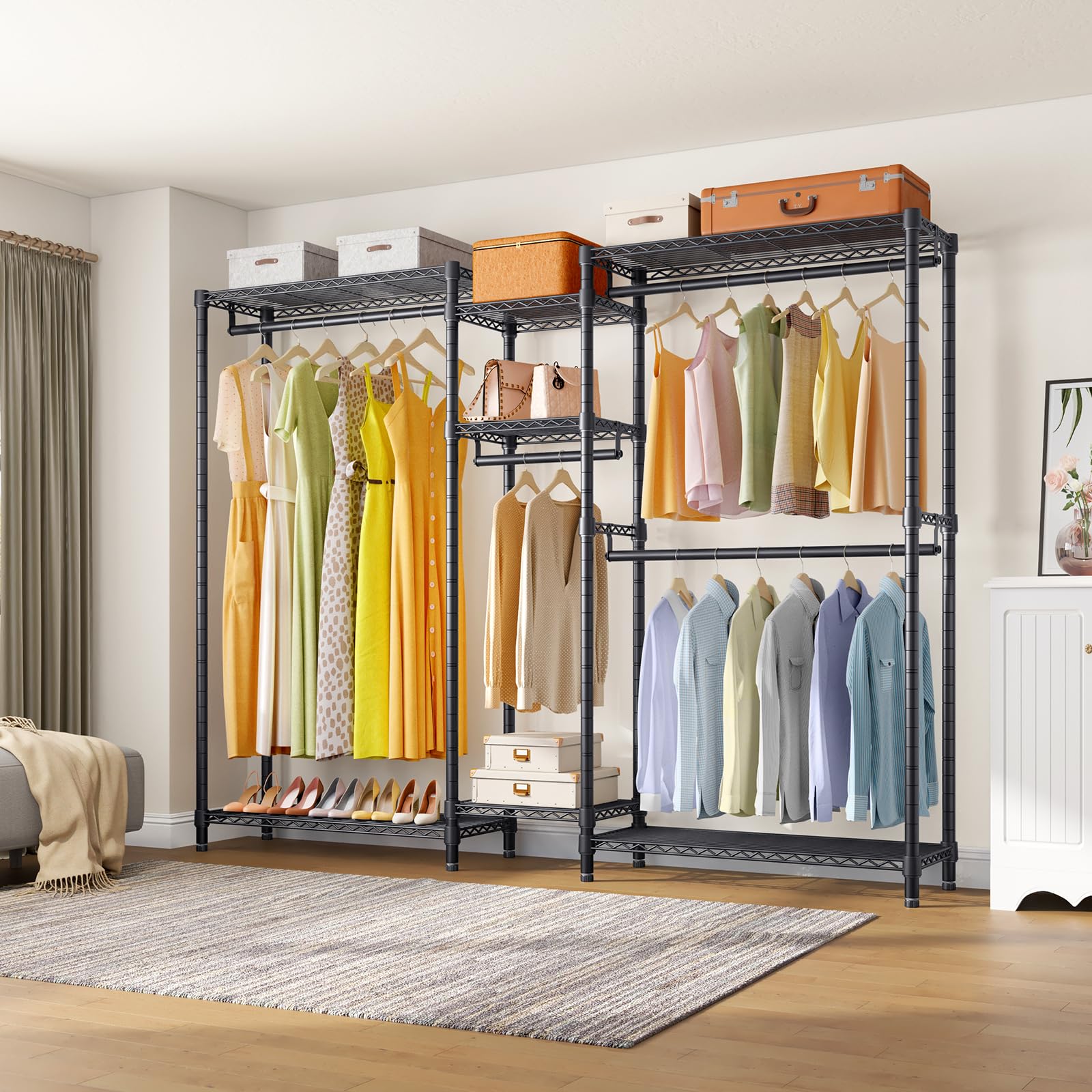VIPEK Classic V6 Heavy Duty Clothes Rack, 7-Tier Garment Rack with Adjustable Shelves, Portable Closet Organizer with 4 Hanging Rods, Space-Saving, 850lbs Capacity, 68.9" L x 15.7" W x 76.4" H, Black