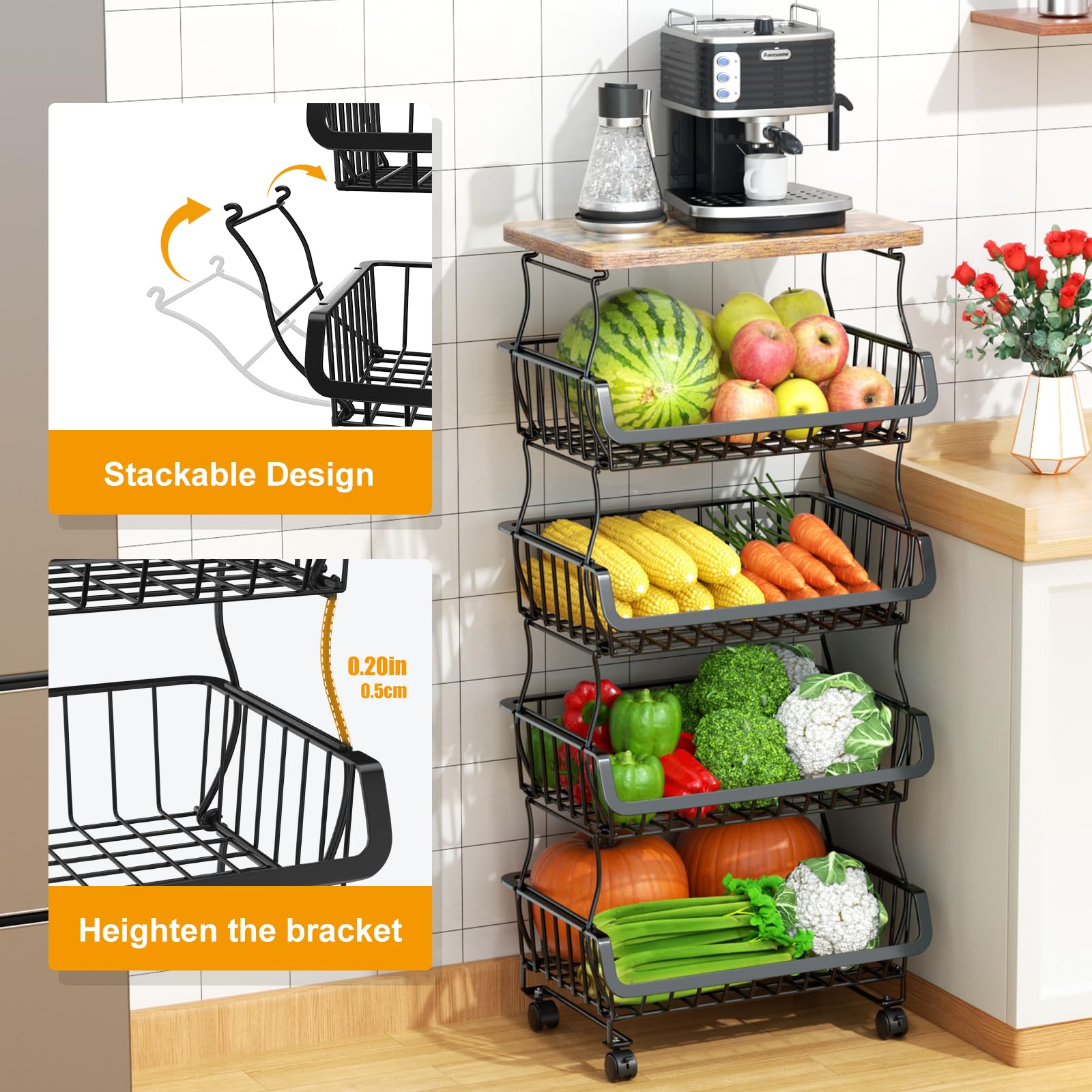 Gsiekare Fruit Vegetable Basket for Kitchen, 4 Tier Stackable Fruit Vegetable Storage Baskets with Wheels, Metal Wire Storage Basket Organizer Baskets for Kitchen, Pantry, Bathroom