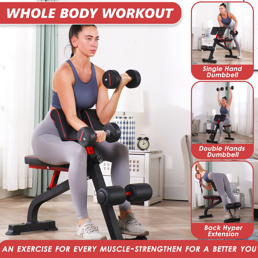 BODYRHYTHM Compact Adjustable Weight Bench for Full Body Strength Training, Ab/Back Hyper Roman Chair, Adjustable Ab Sit up Bench, Incline Decline Bench, Flat Bench, Hyperextension Bench, Back Extension Machine