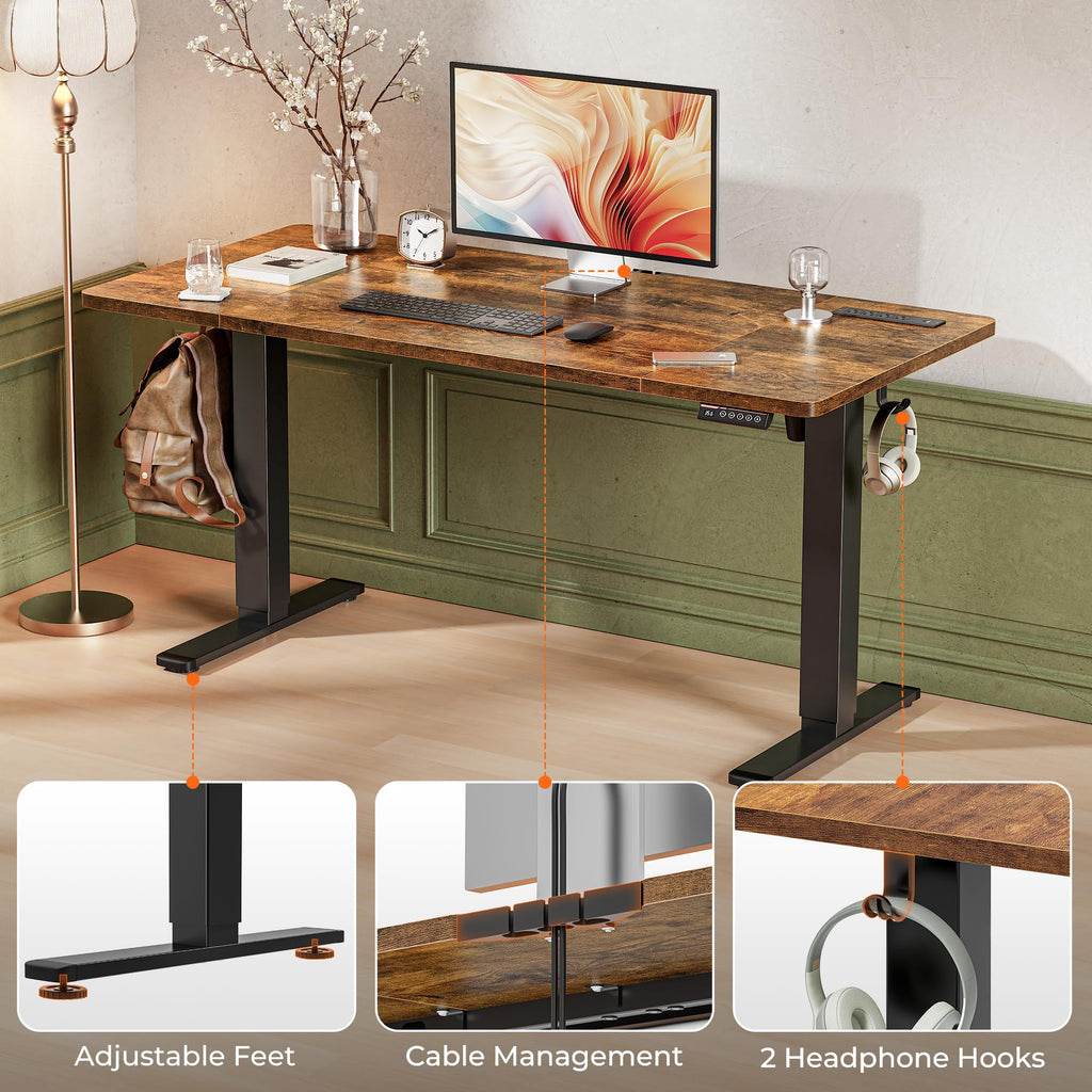 Huuger 48 x 28 Large Electric Standing Desk, Height Adjustable Desk, 27.6" Deep Desktop, Stand up Gaming, 2 Hooks, 3 Preset Heights, for Home Office, Black