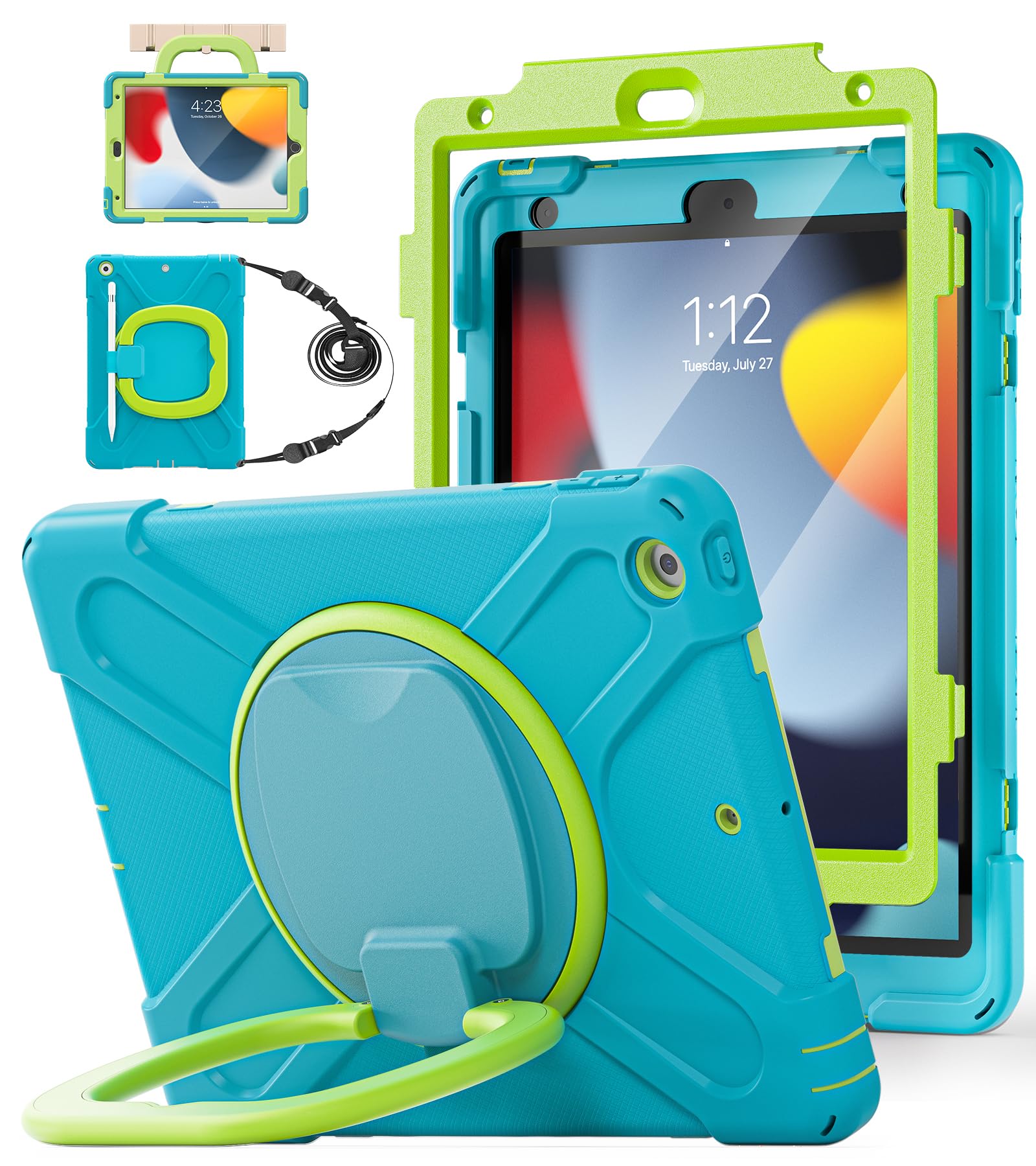 BATYUE for iPad 9th/ 8th/ 7th Generation Case (iPad 10.2 inch Rugged Case 2021/2020/2019) with Screen Protector, Rotating Stand/Pencil Holder/Carrying Shoulder Strap (Colourful Pink)