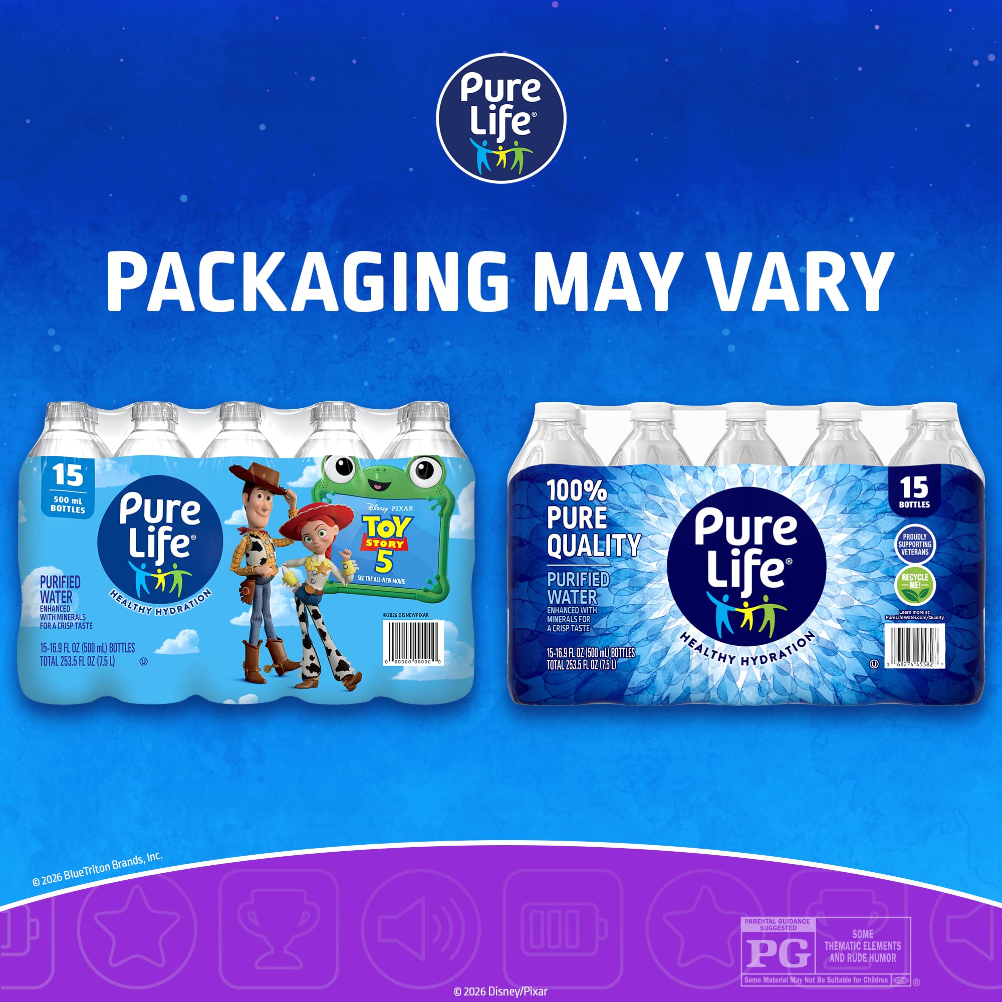 Pure Life Purified Bottled Water, 12 Pack - Still Drinking Water Enhanced with Minerals for a Crisp Taste - 16.9 Fl Oz - Toy Story 5 Packaging Graphics