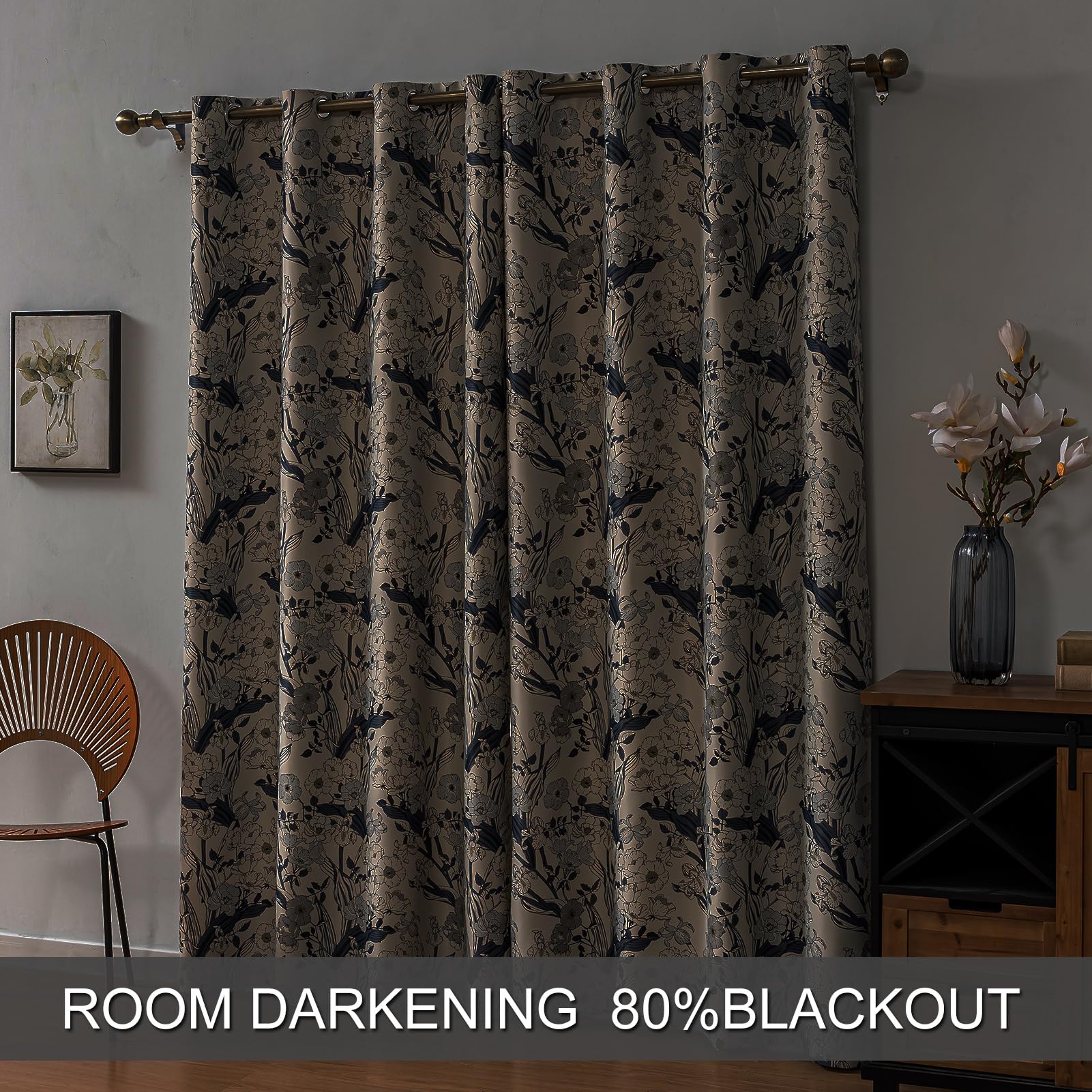 SUOUO Brown Floral Blackout Curtains for Bedroom Patterned Leaf 84 inches Long Room Darkening Window Drapes for Living Room 2 Panels