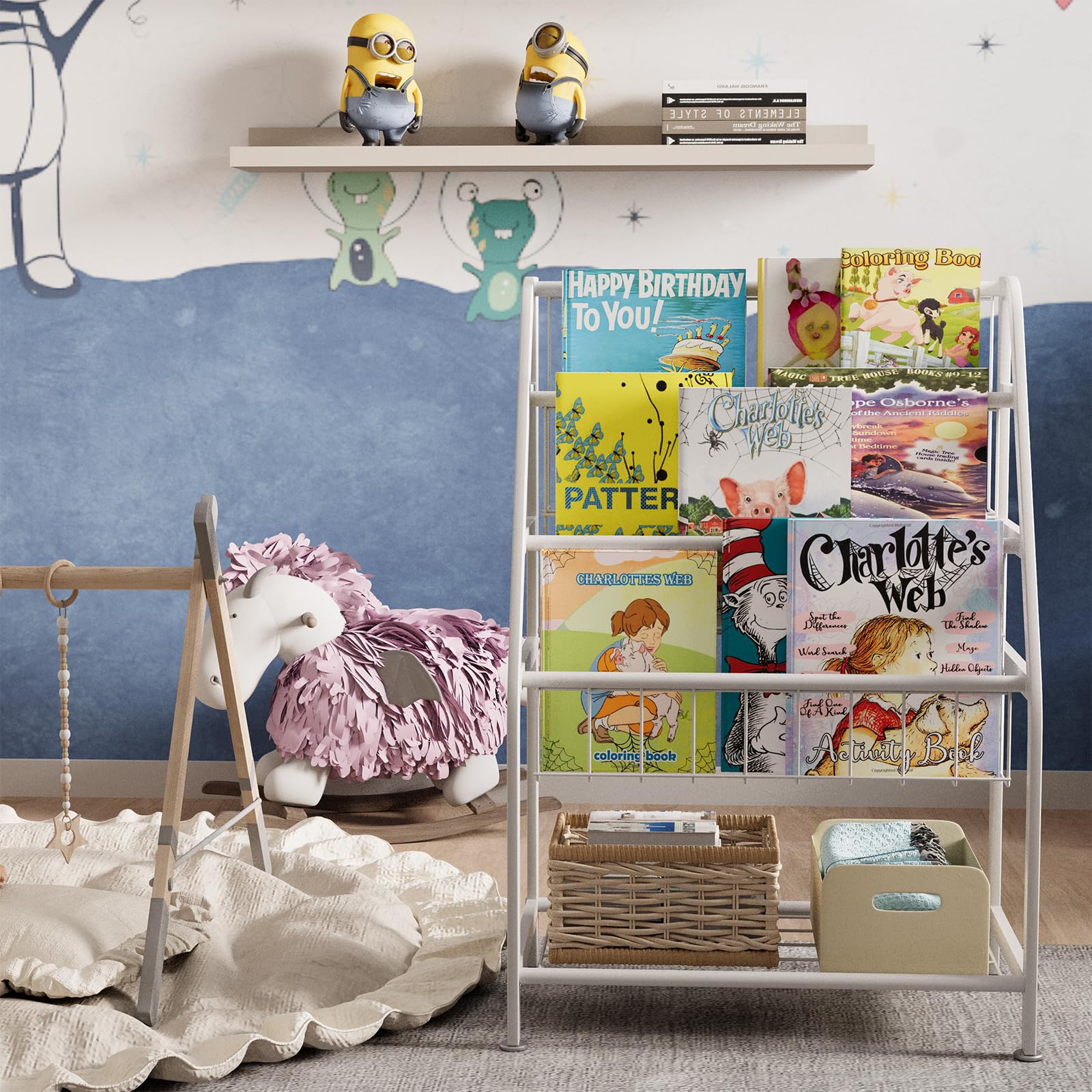 aboxoo Metal Kids Bookshelf Black Large Freestanding for Children Room 32 in Toy Organizer Large Stable Bookcase Bookstore Library Book Unit Storage Kids Bed Living Room