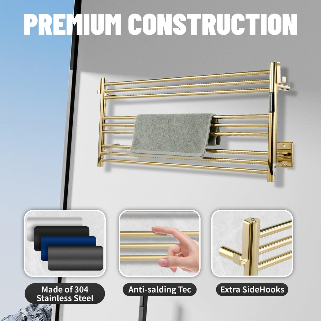 K&KALONZO Wall-Mounted 9-Bar Heated Towel Rack, Fast Heat in 2 Min, NTC Safety | 4 Timers & 3 Heat Levels Control, Plug-In/Hardwired, Top Hooks, Memory Function, Anti-Scald, Stainless Steel, EL13ML