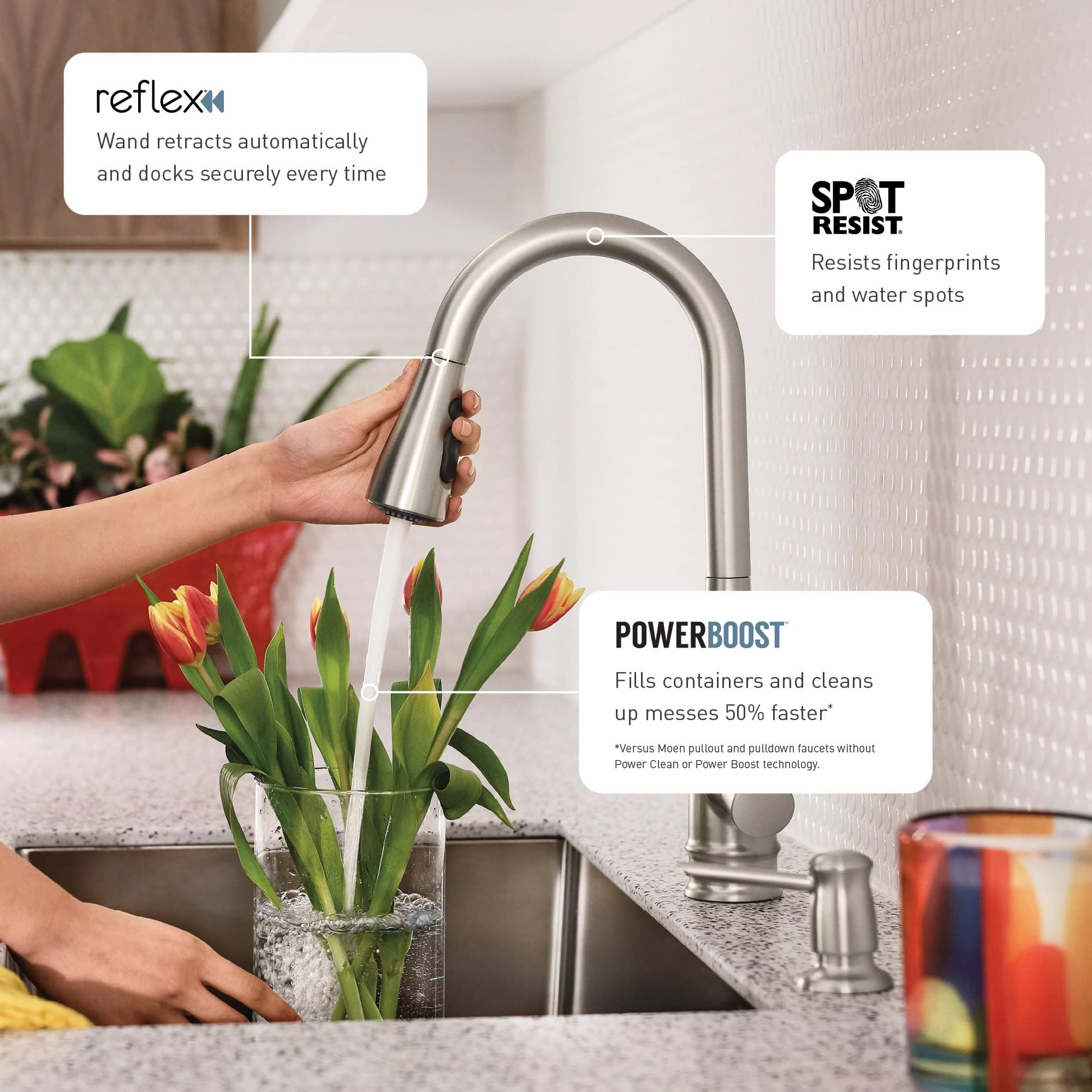 Moen Haelyn Pulldown Kitchen Faucet with Power Boost, 87627 | Pulldown sprayer, Power Boost technology, Soap dispenser included, Chrome finish, High arc faucet